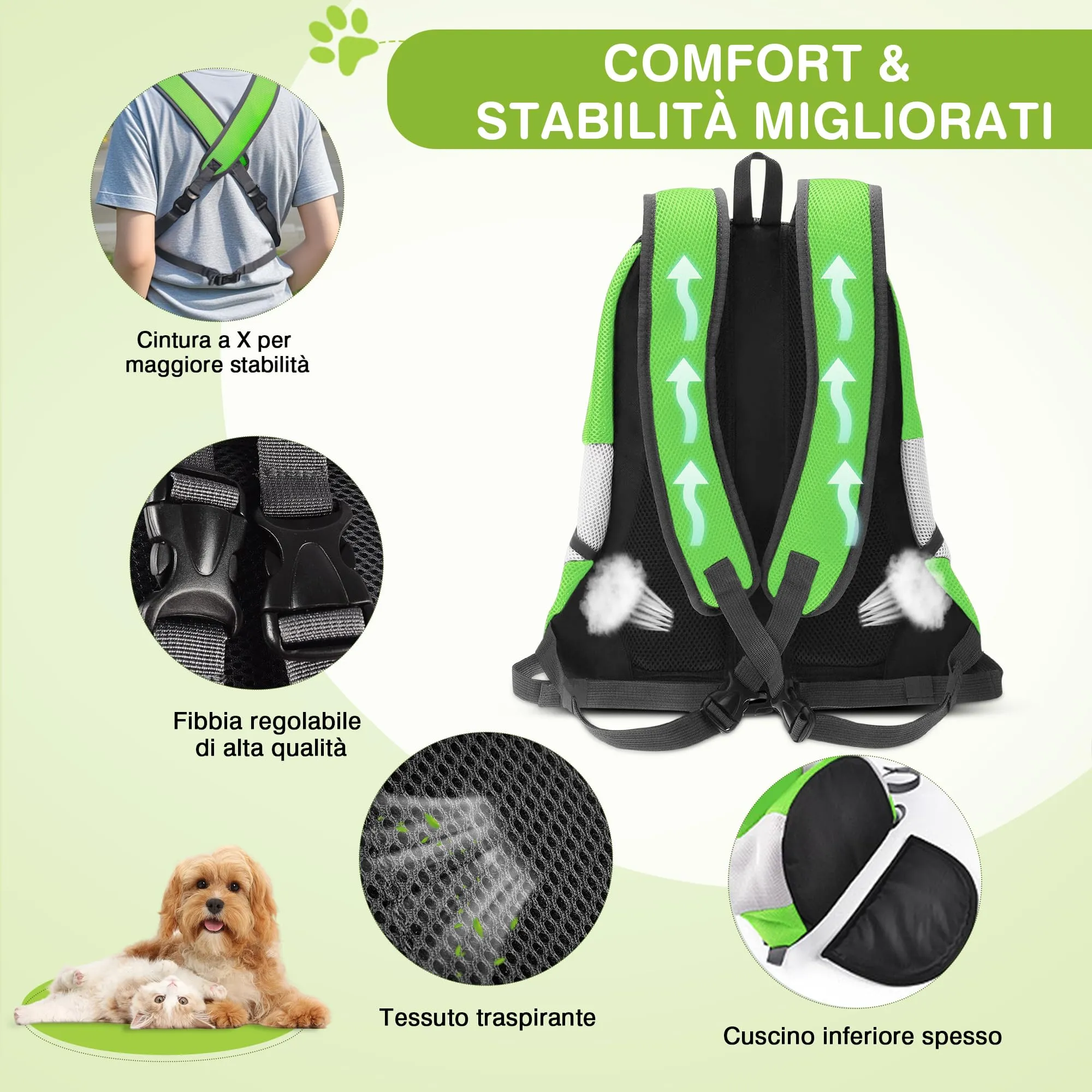 ALLSOPETS Zaino Trasportino Regolabile per Cani e Gatti, Verde Muschio, M - immagine 4