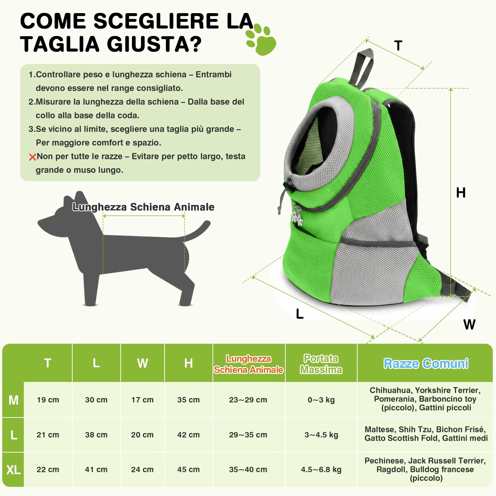 ALLSOPETS Zaino Trasportino Regolabile per Cani e Gatti, Verde Muschio, M - immagine 5