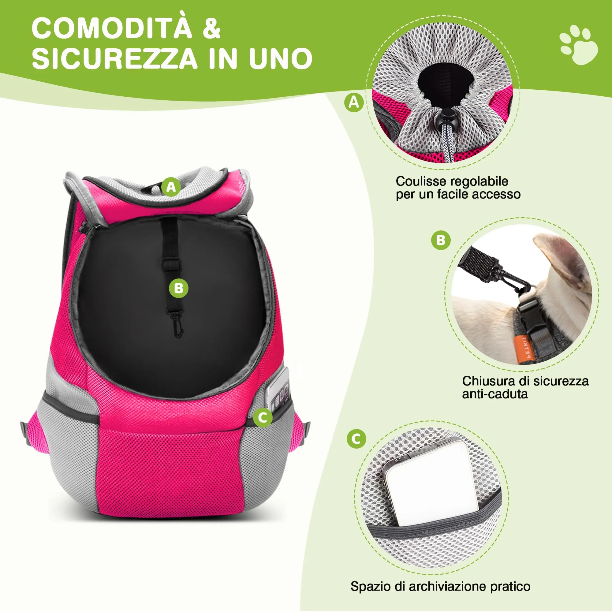 ALLSOPETS Zaino Trasportino Regolabile per Cani e Gatti, Rosa Fucsia, XL - immagine 3