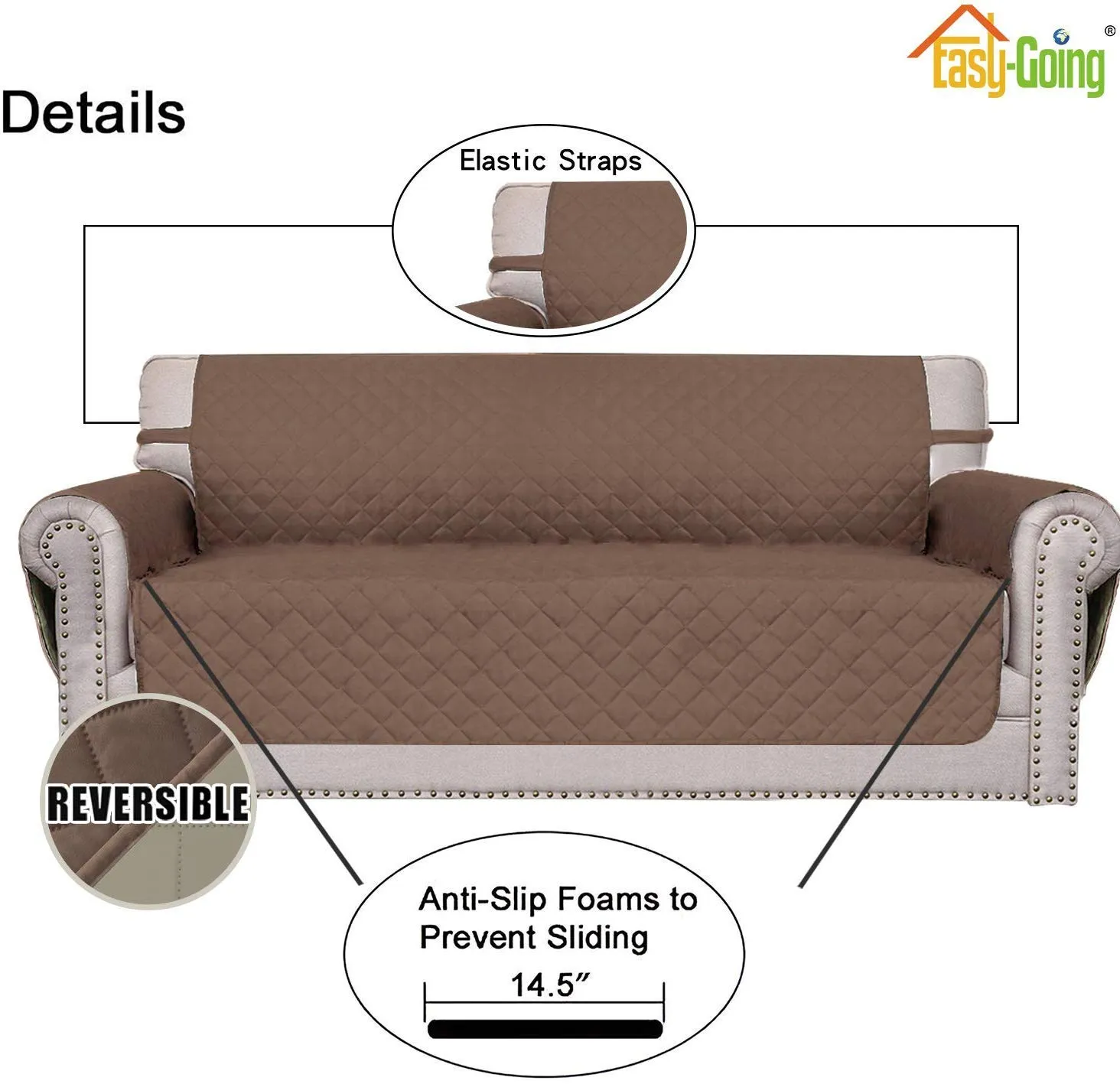 Easy-Going Copridivano Reversibile 4 Posti Impermeabile con Cinghie Elastiche e Tubi in Schiuma (XXL, Marrone/Beige) - immagine 3