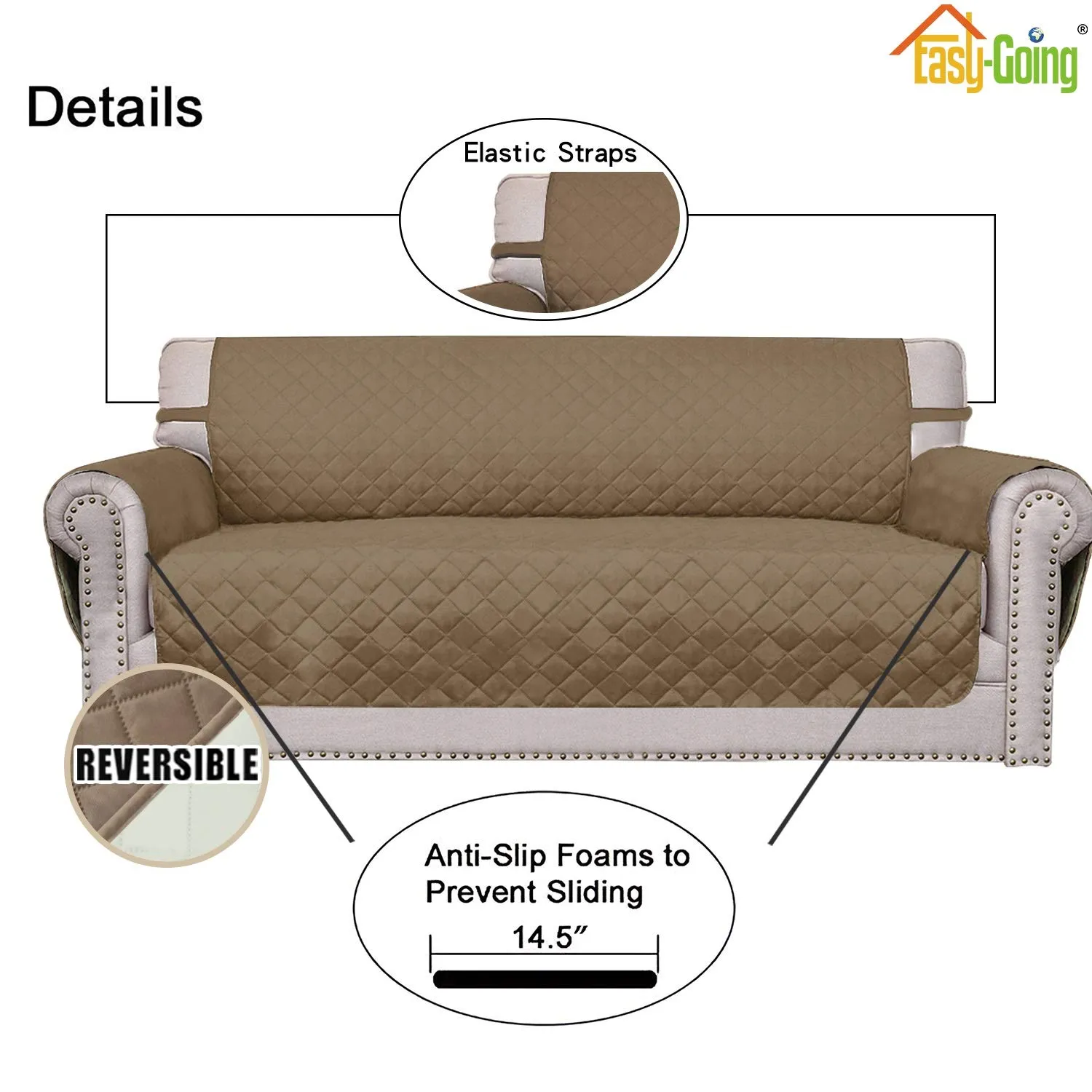 Easy-Going Copridivano Reversibile a 4 Posti Impermeabile con Cinghie Elastiche e Tubi in Schiuma, XXL, Cammello/Avorio - immagine 3
