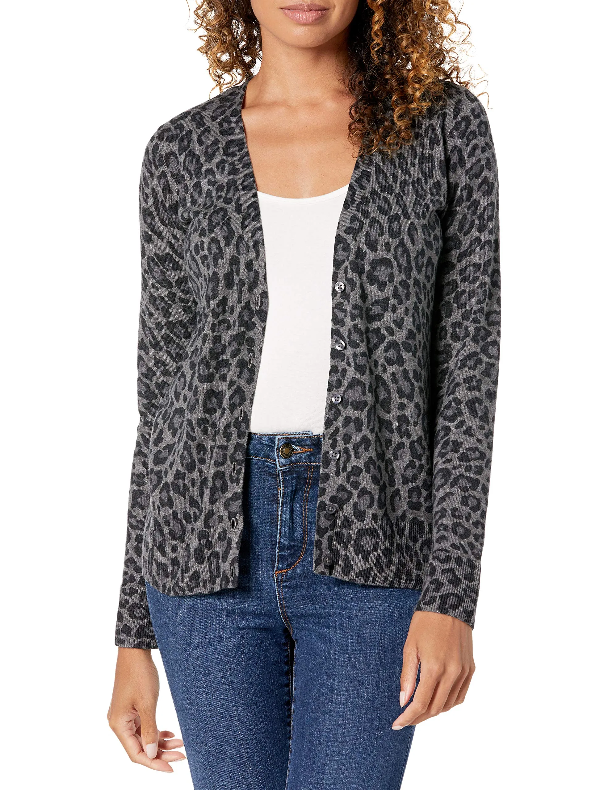 Amazon Essentials Felpa Cardigan Leggera Donna, Carbone Puntinato Animalier, S - immagine 1