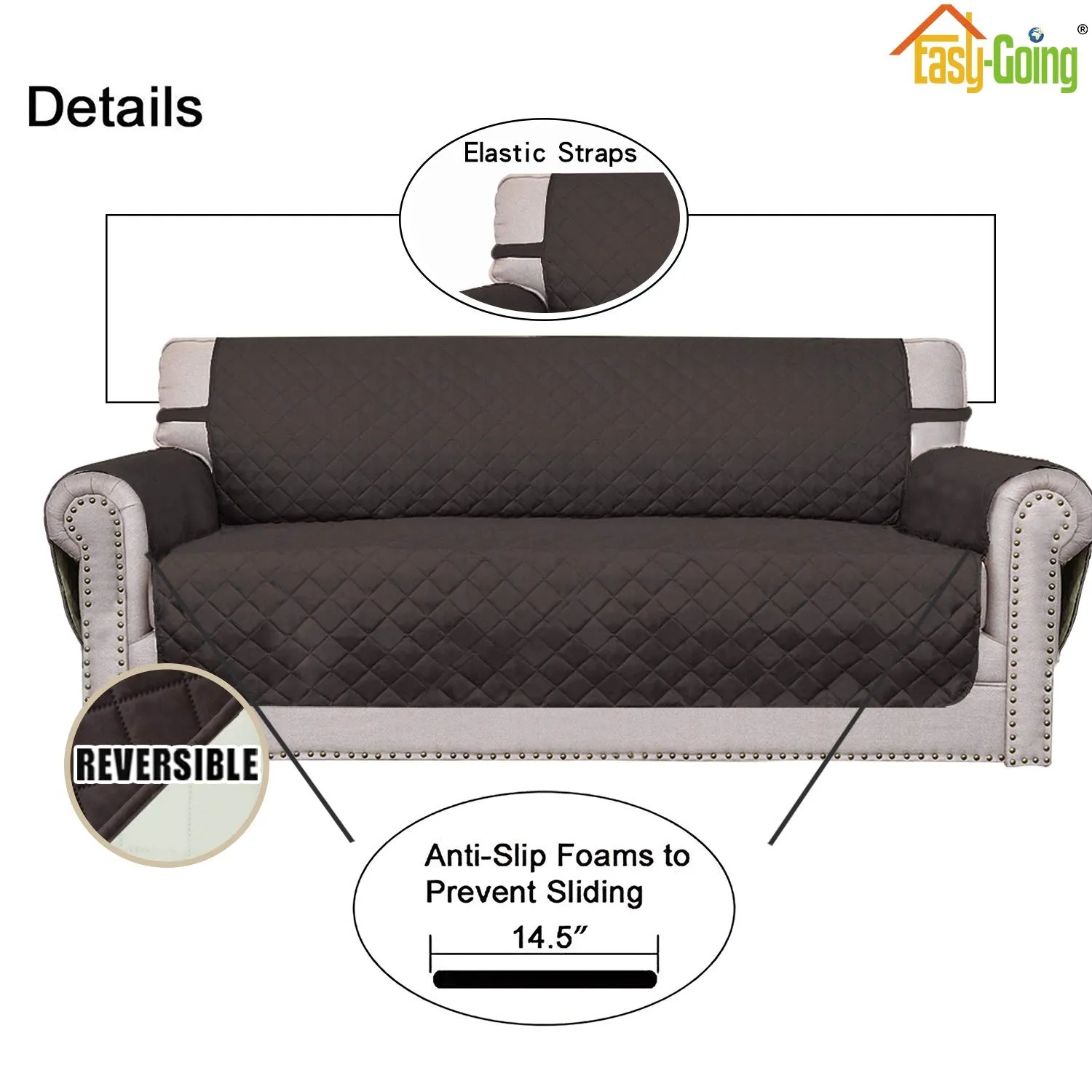 Easy-Going Copridivano 4 Posti Resistente all'Acqua Reversibile con Cunei in Schiuma e Cinghie Elastiche, XXL, Cioccolato/Avorio - immagine 3