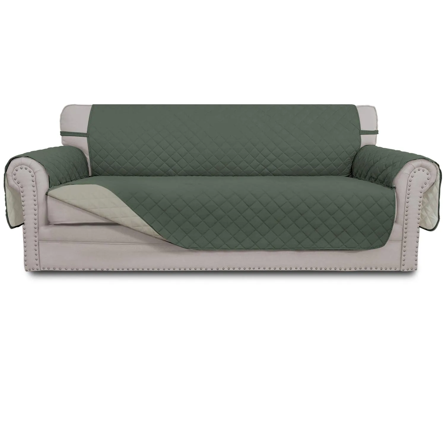 Easy-Going Copridivano Reversibile 4 Posti Impermeabile con Cinghie Elastiche e Tubi di Schiuma (XXL, Verde Grigiastro/Beige) - immagine 1