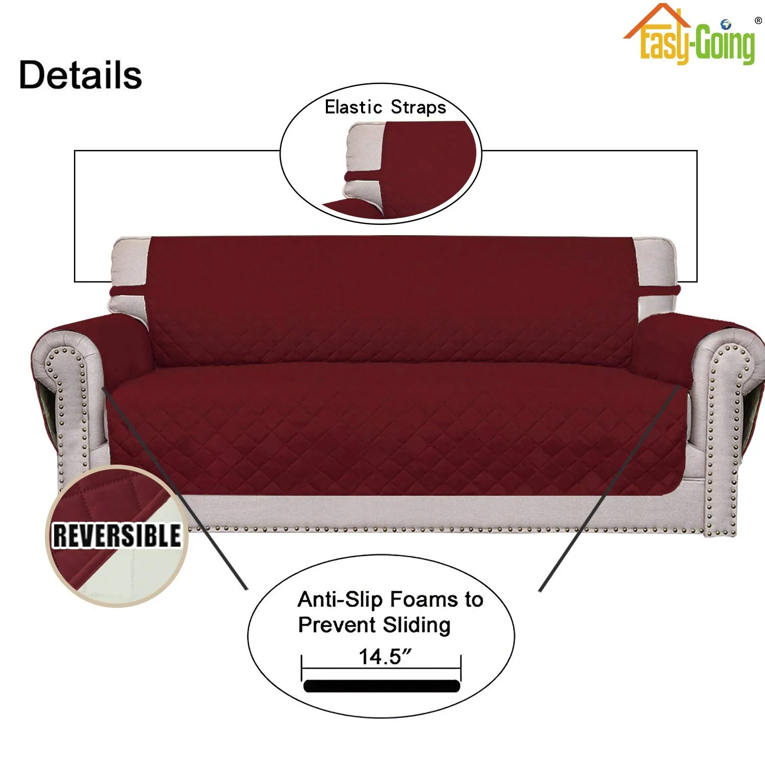 Easy-Going Copridivano Reversibile a 4 Posti Impermeabile con Cinghie Elastiche e Tubi in Schiuma, XXL, Rosso Natalizio/Avorio - immagine 3