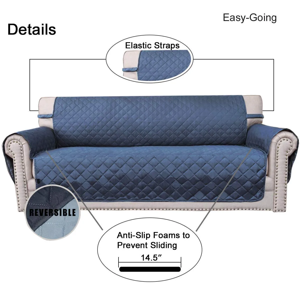 Easy-Going Copridivano Reversibile 4 Posti Impermeabile con Cinghie Elastiche e Tubi in Schiuma (XXL, Blu Scuro/Azzurro) - immagine 3