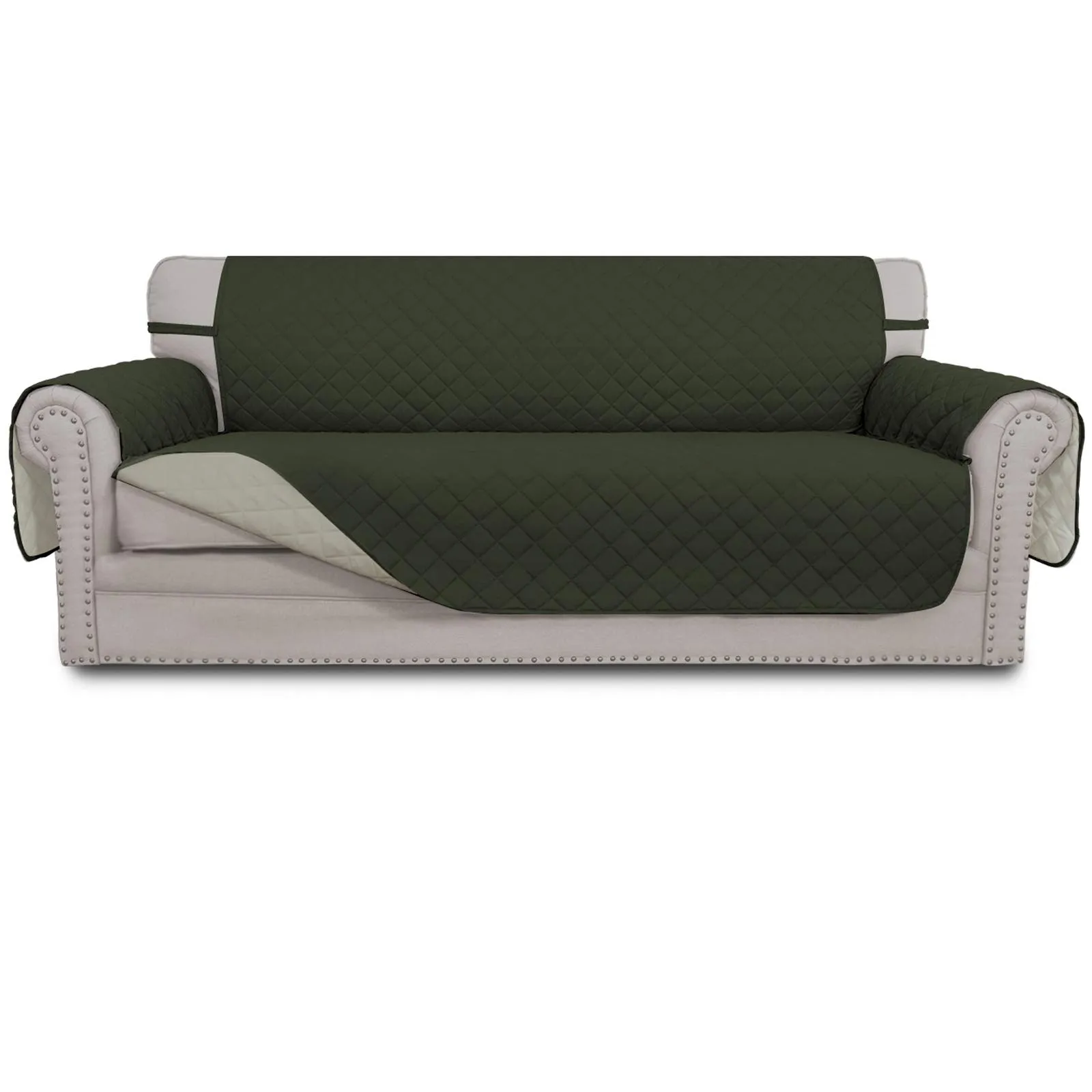 Easy-Going Copridivano Reversibile a 4 Posti Impermeabile con Cinghie Elastiche e Tubi in Schiuma (XXL, Verde Militare/Beige) - immagine 1