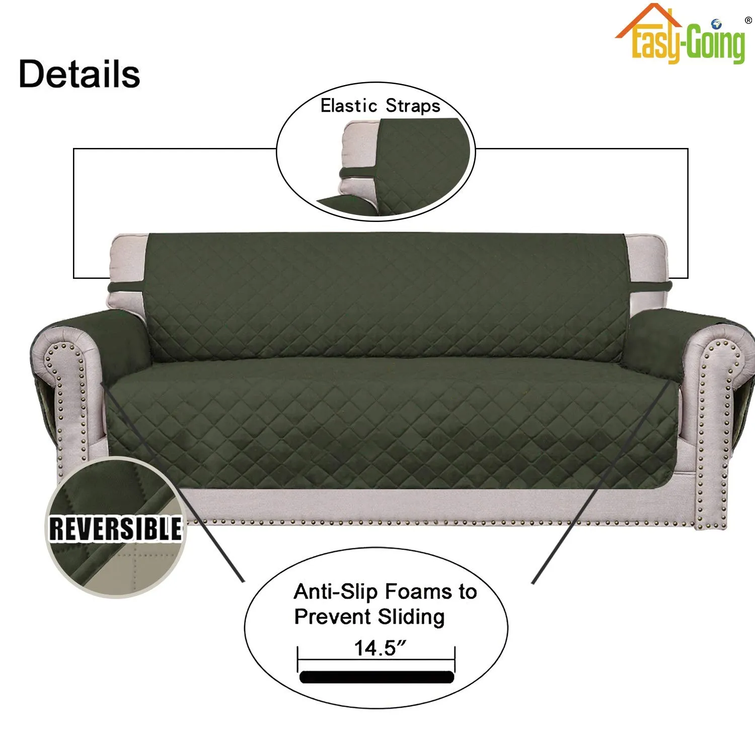 Easy-Going Copridivano Reversibile a 4 Posti Impermeabile con Cinghie Elastiche e Tubi in Schiuma (XXL, Verde Militare/Beige) - immagine 3