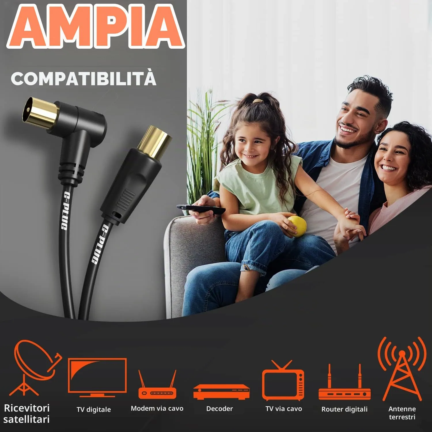 G-PLUG Cavo Antenna TV Maschio-Maschio Coassiale 3m Nero Right Angled - immagine 2