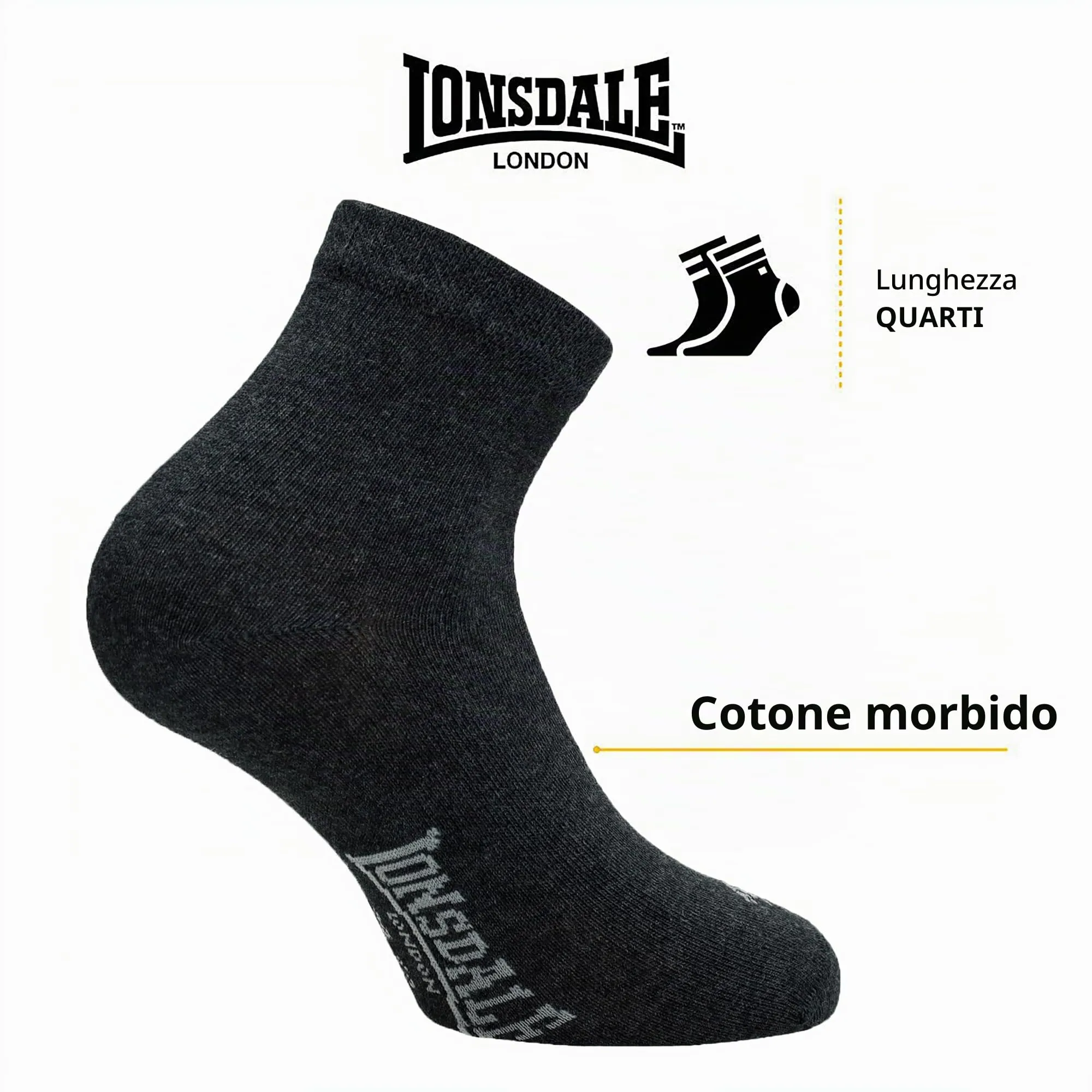 Lonsdale Quarter 6 Paia di Calzini Sopra la Caviglia, Grigio Mix, 35-38 - immagine 3