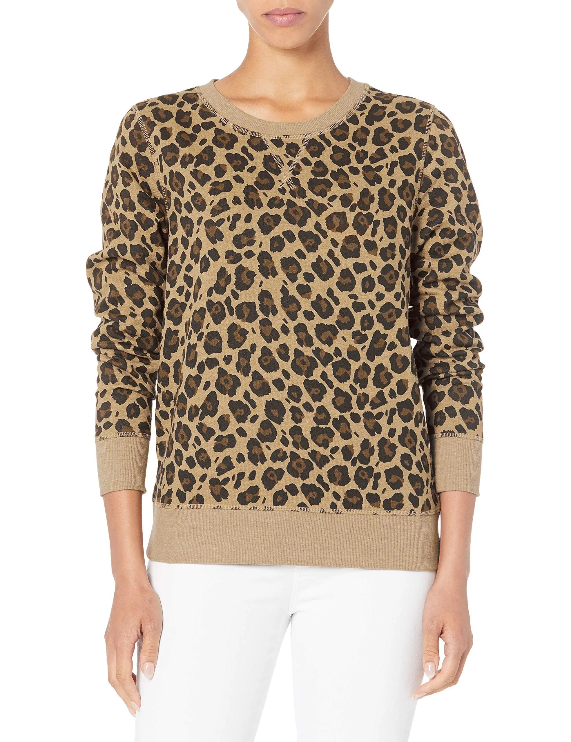 Amazon Essentials Felpa Girocollo da Donna in Pile di Spugna Francese, Stampa Leopardata Cammello, L - immagine 1