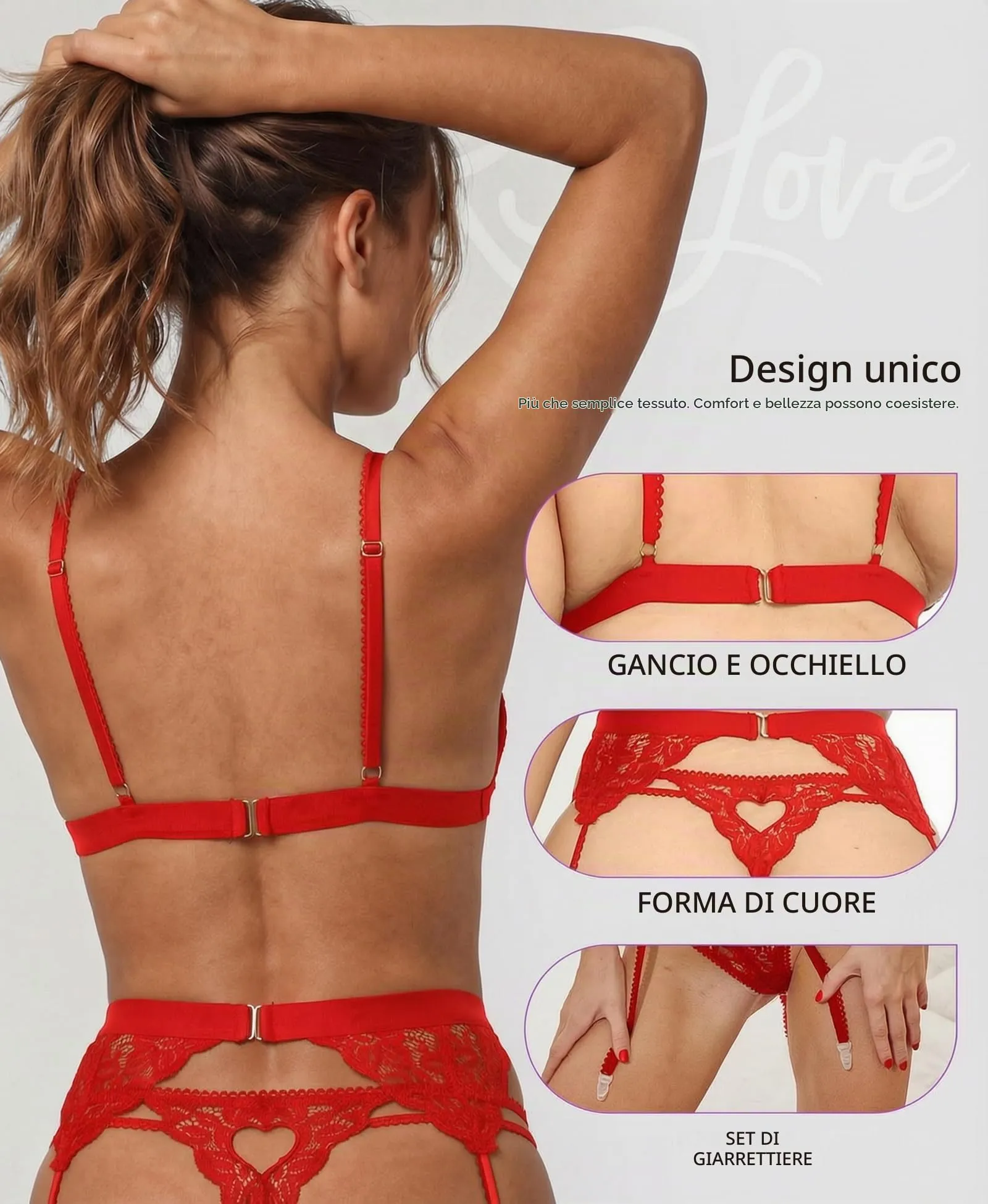 RSLOVE Set di Lingerie in Pizzo con Reggicalze, Bralette e Slip, Rosso L - immagine 4