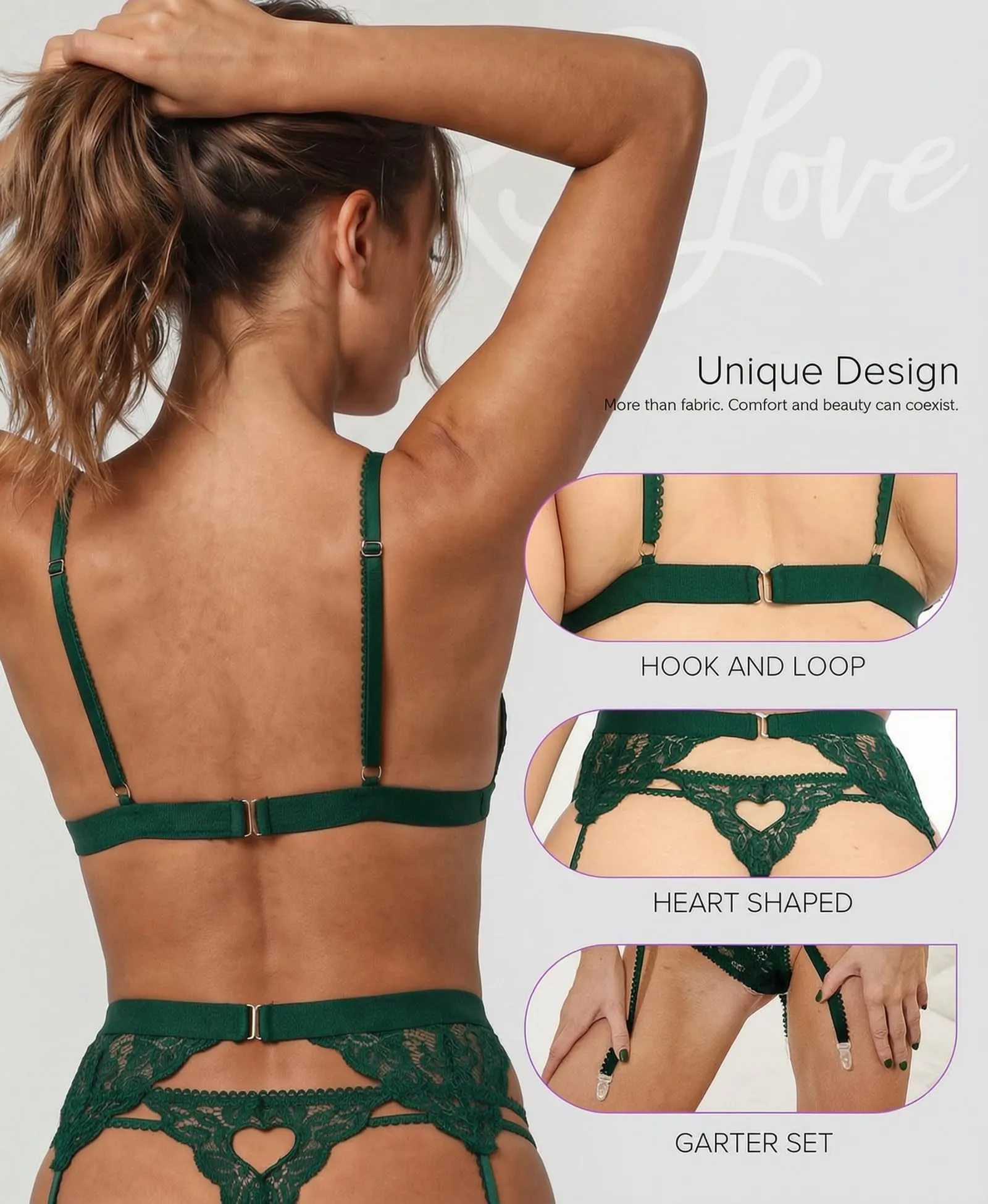 RSLOVE Set Lingerie Babydoll in Pizzo 3 Pezzi con Reggiseno, Slip e Reggicalze, Verde, XL - immagine 4