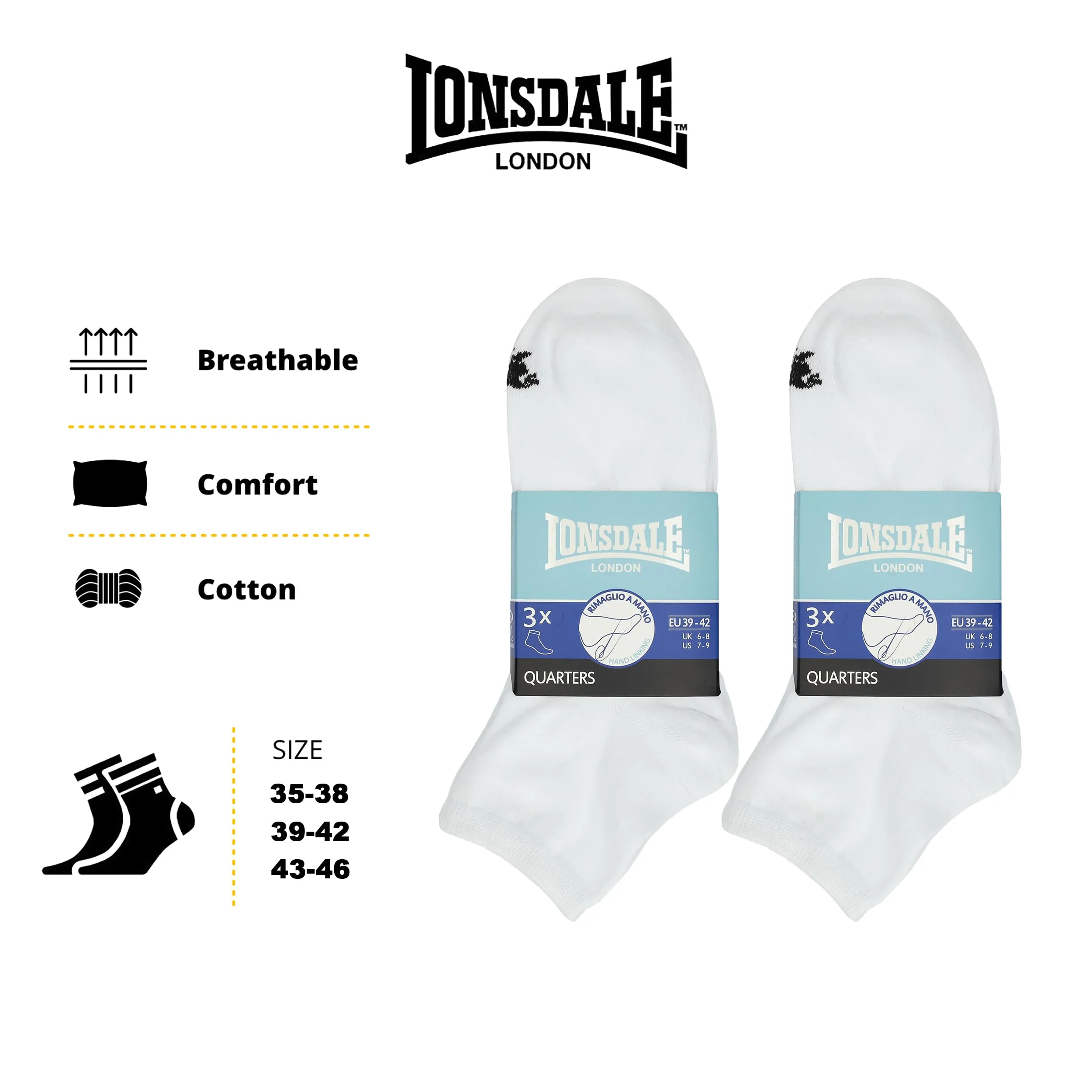 Lonsdale Quarter Calzini sopra la caviglia, 6 paia, Bianco, 43-46 - immagine 4