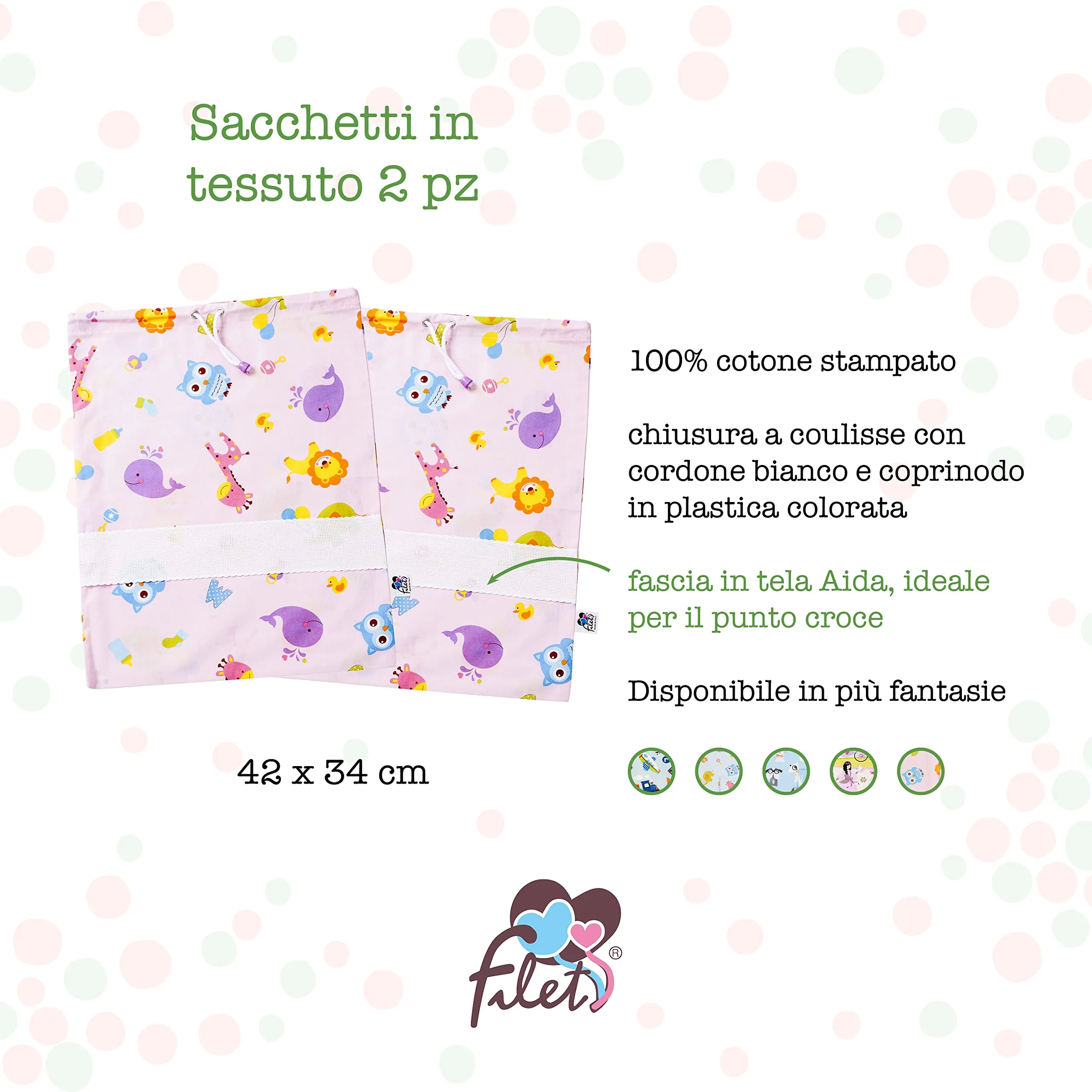 Filet Set 2 Sacchetti Asilo in Cotone Stampato con Tela Aida da Ricamare, 42 x 34 cm, Fantasia Lettere e Animali Rosa - immagine 2