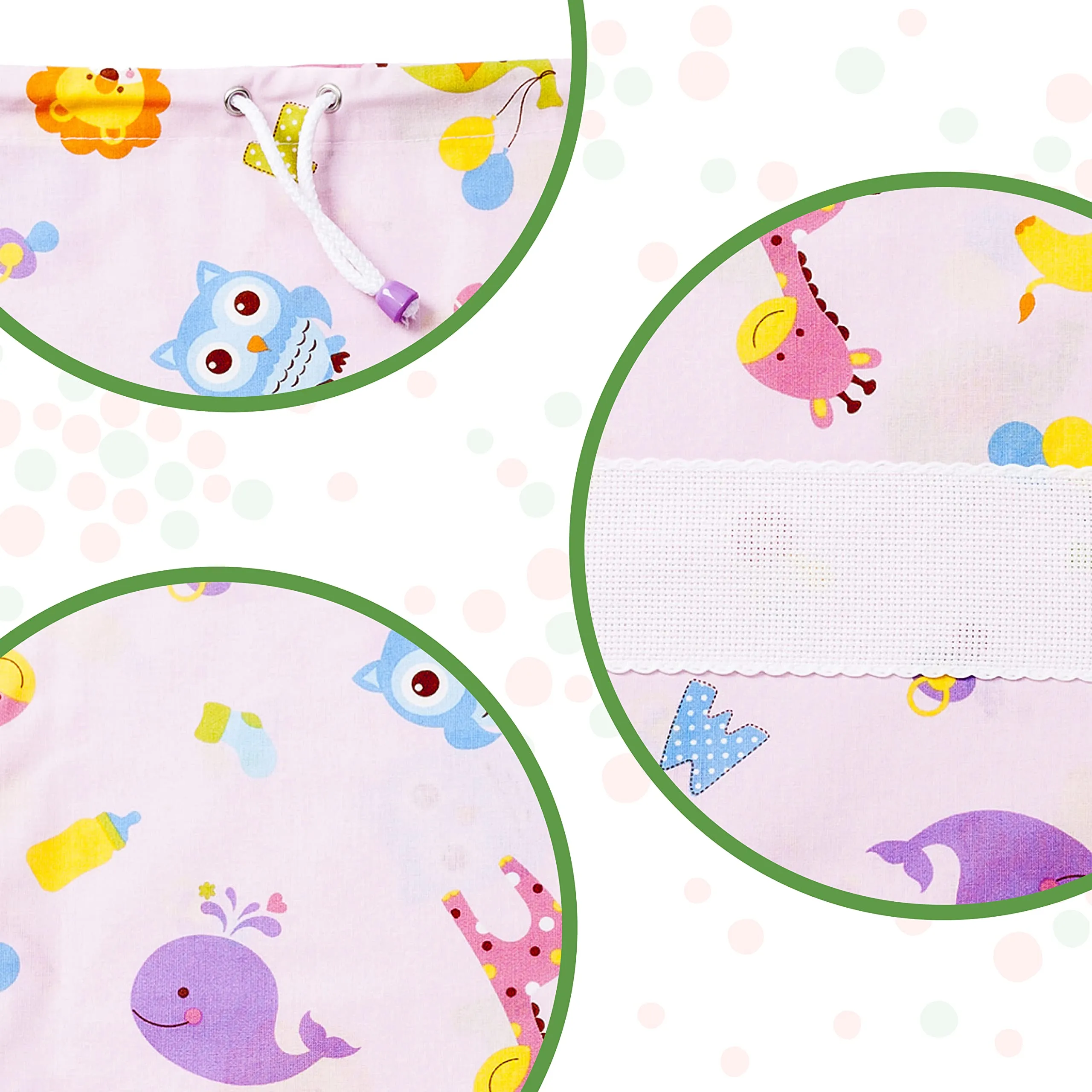 Filet Set 2 Sacchetti Asilo in Cotone Stampato con Tela Aida da Ricamare, 42 x 34 cm, Fantasia Lettere e Animali Rosa - immagine 4