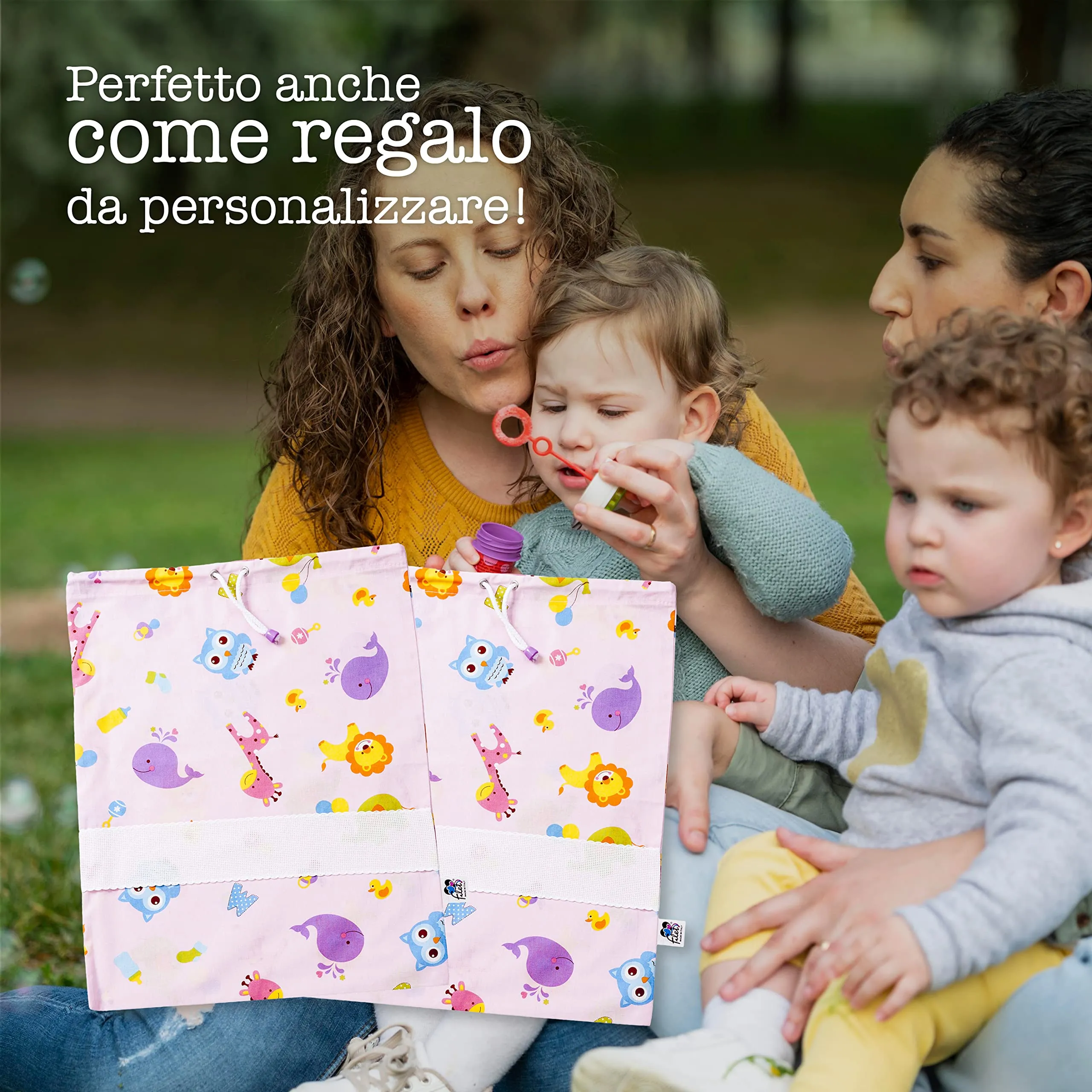 Filet Set 2 Sacchetti Asilo in Cotone Stampato con Tela Aida da Ricamare, 42 x 34 cm, Fantasia Lettere e Animali Rosa - immagine 5