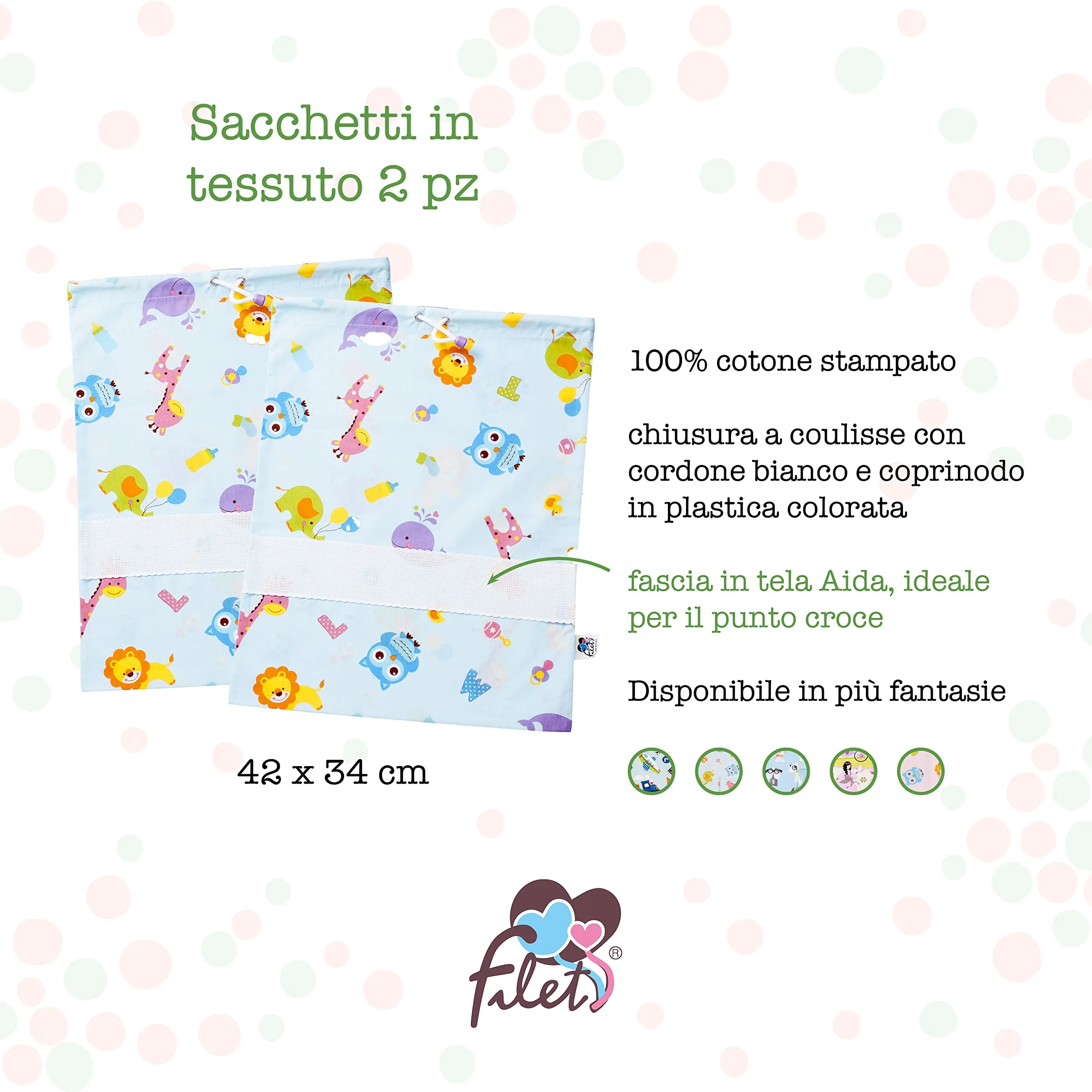 Filet Set 2 Sacchetti Asilo in Cotone con Stampa Lettere e Animali e Inserto in Tela Aida da Ricamare, 42 x 34 cm - immagine 2