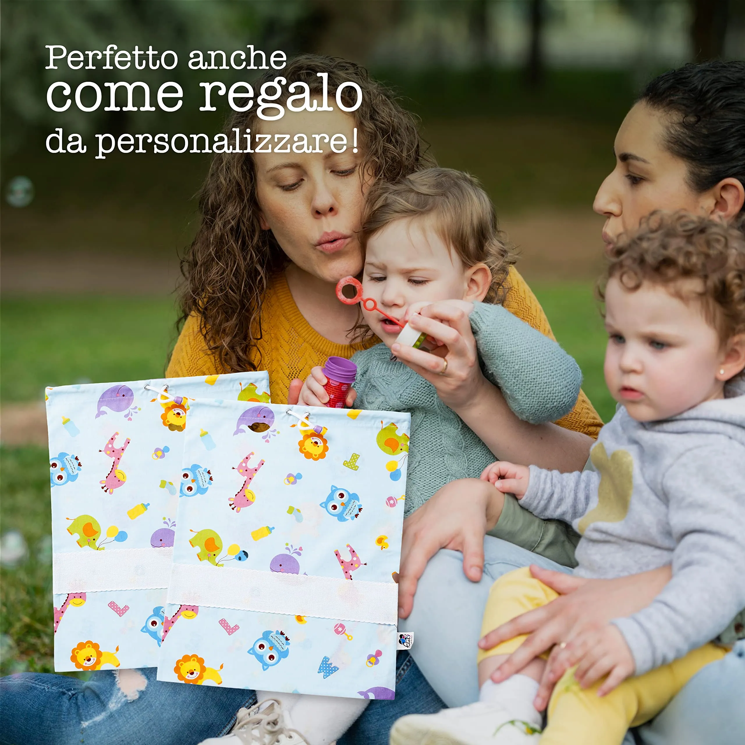 Filet Set 2 Sacchetti Asilo in Cotone con Stampa Lettere e Animali e Inserto in Tela Aida da Ricamare, 42 x 34 cm - immagine 5