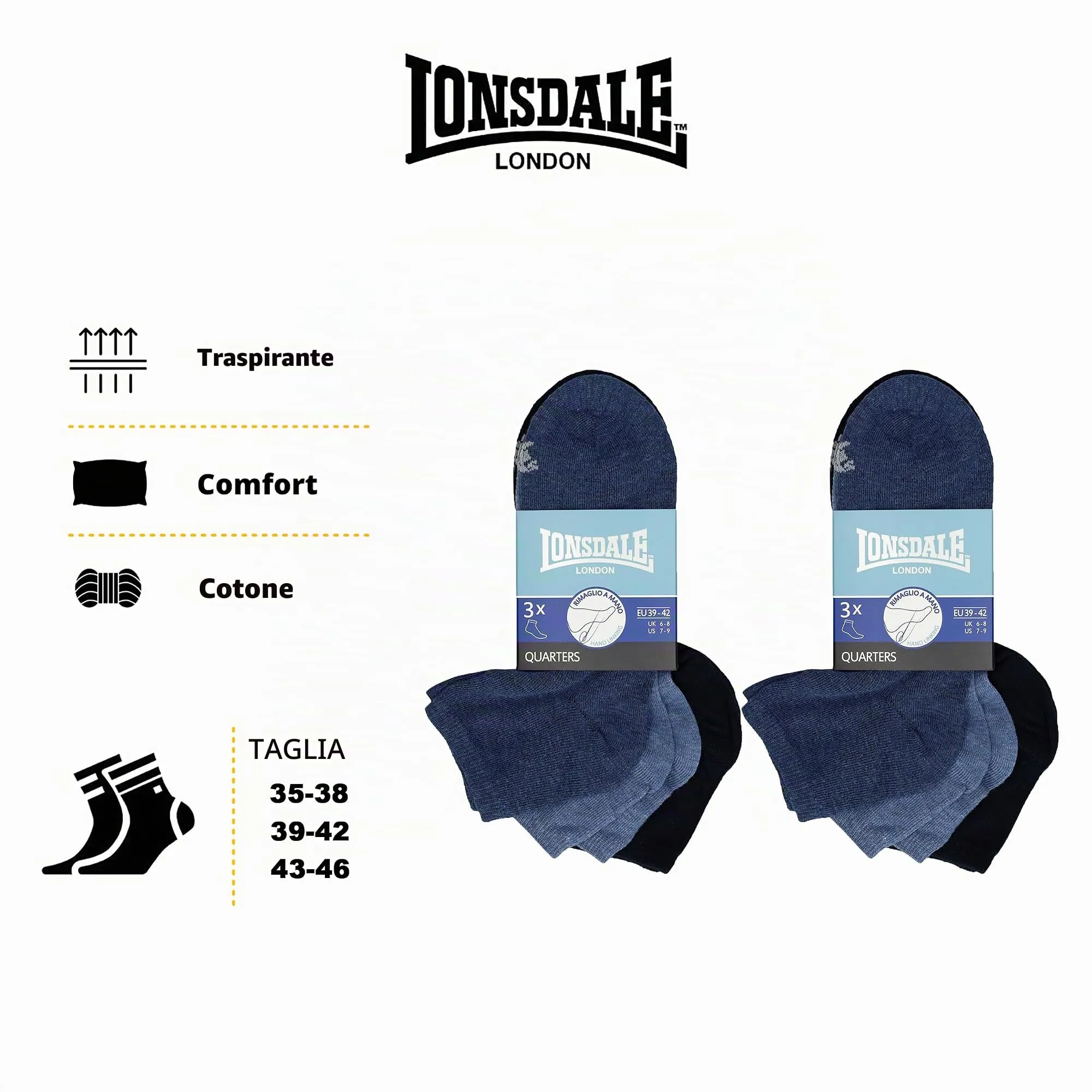 Lonsdale Quarter Calzini sopra la caviglia, 6 paia (Blu Mix, 43-46) - immagine 4