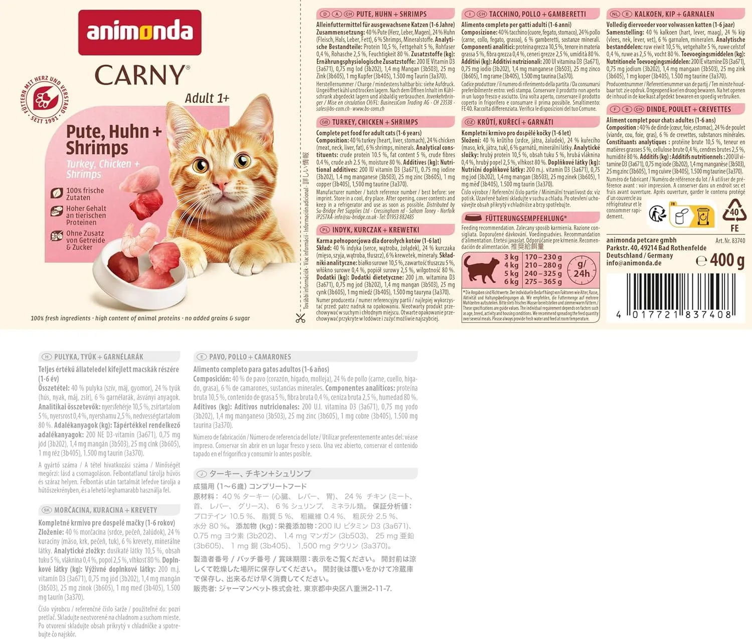 animonda Carny Adult Cibo Umido per Gatti, Pollo e Gamberetti, 6 x 400 g - immagine 4
