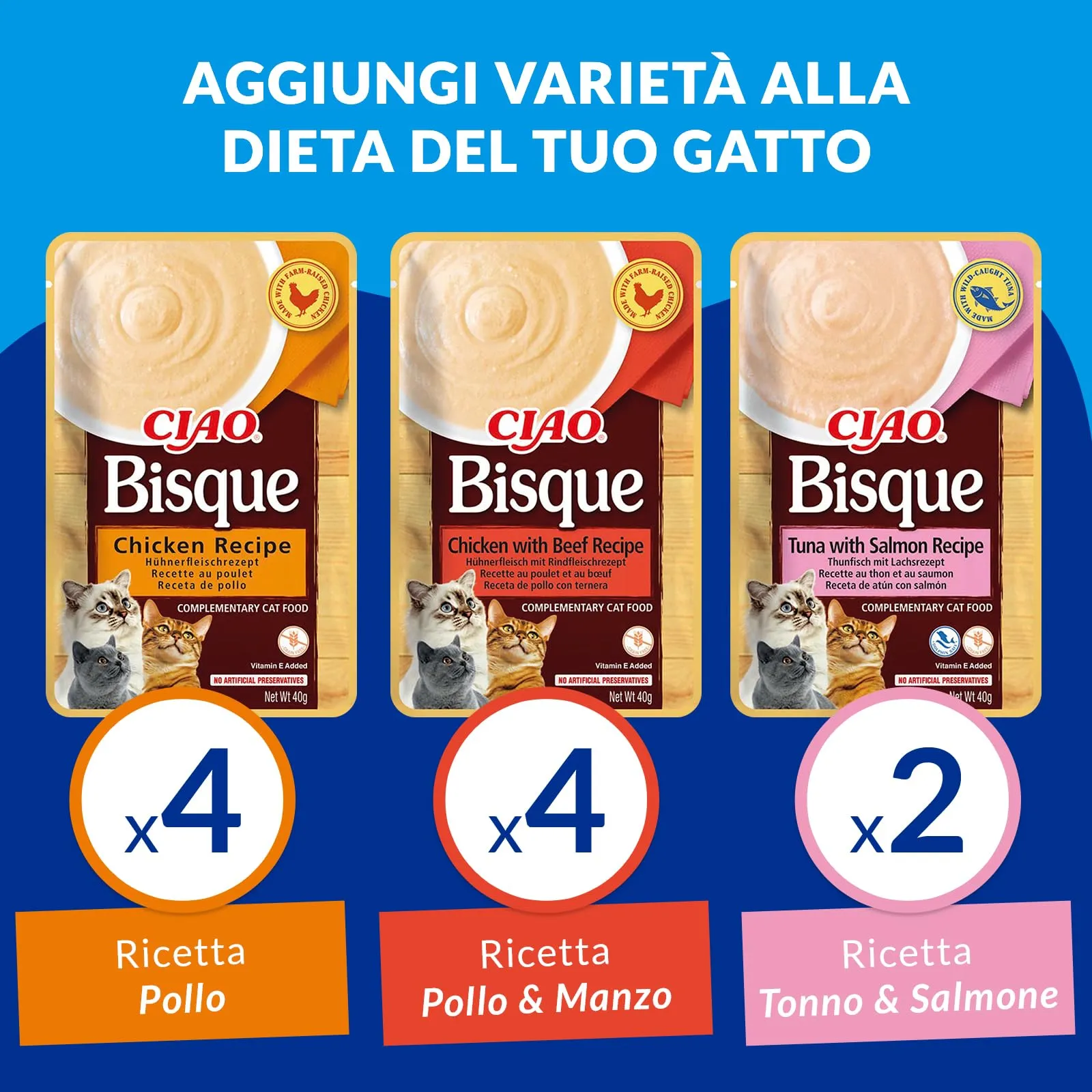Inaba Ciao Bisque Cibo Umido Multipack Pollo, Tonno e Salmone, 400g - immagine 3