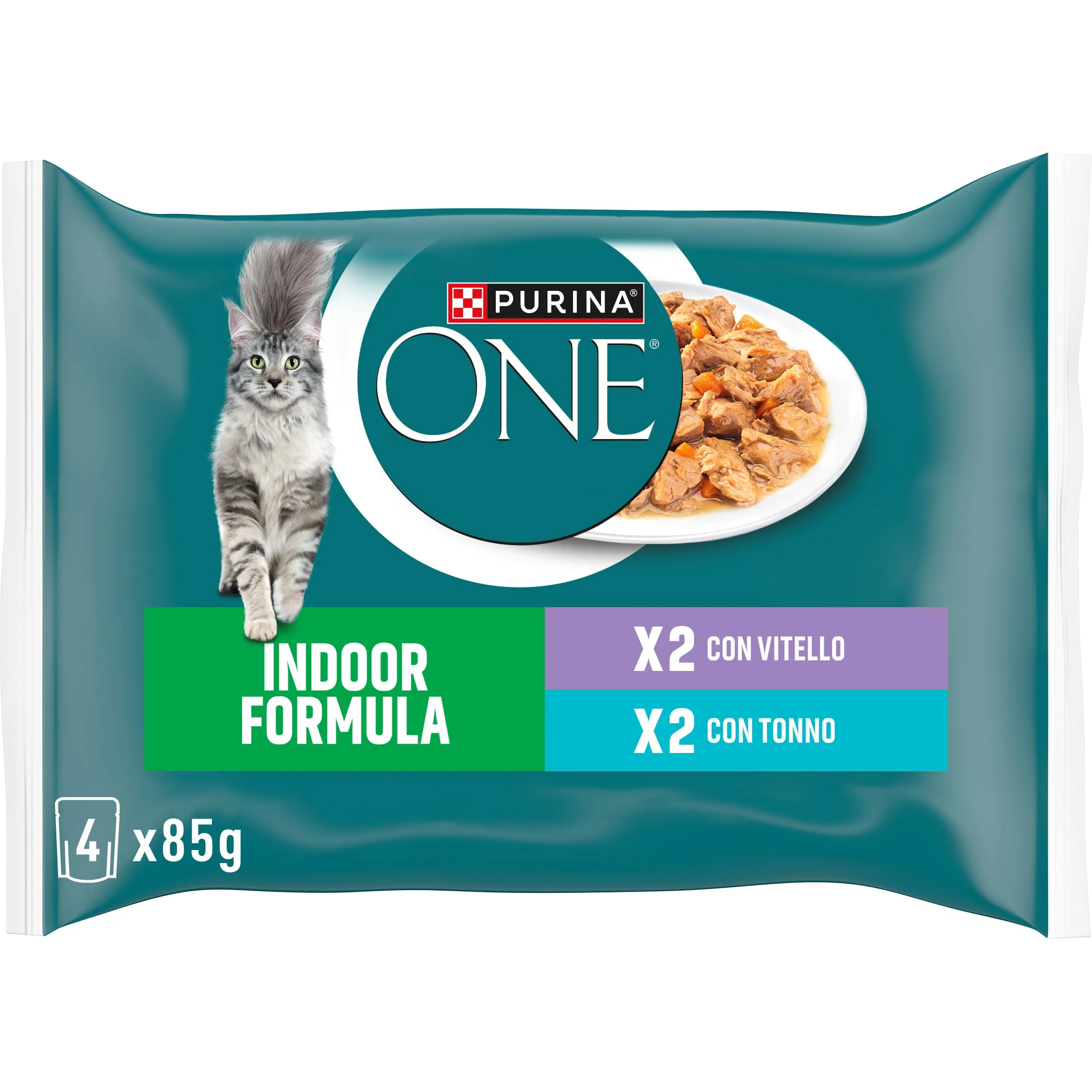 Purina ONE Indoor Formula Cibo Umido per Gatti Adulti Filettini in salsa con Vitello, Tonno e Verdure, 48 Buste da 85g - immagine 2