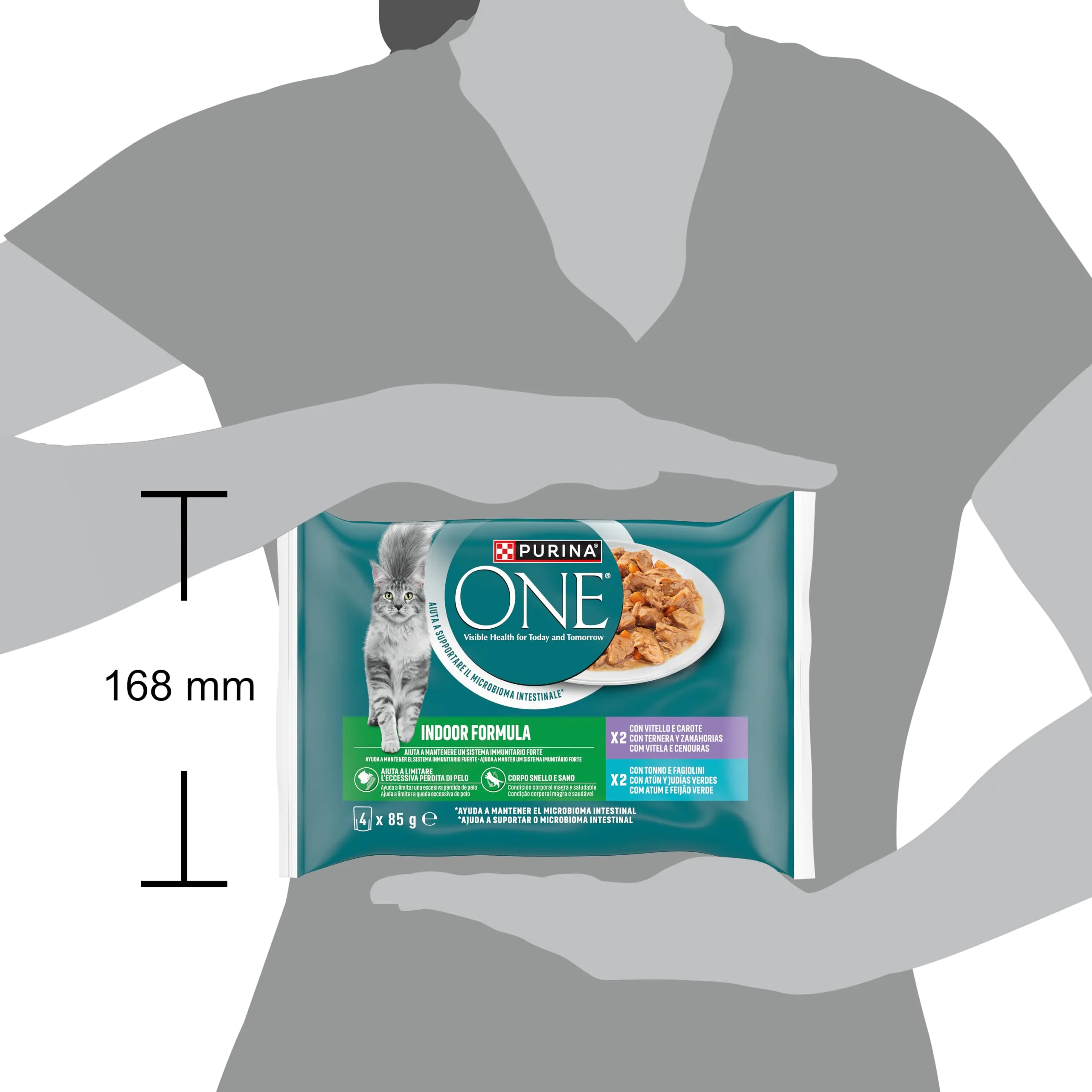 Purina ONE Indoor Formula Cibo Umido per Gatti Adulti Filettini in salsa con Vitello, Tonno e Verdure, 48 Buste da 85g - immagine 3