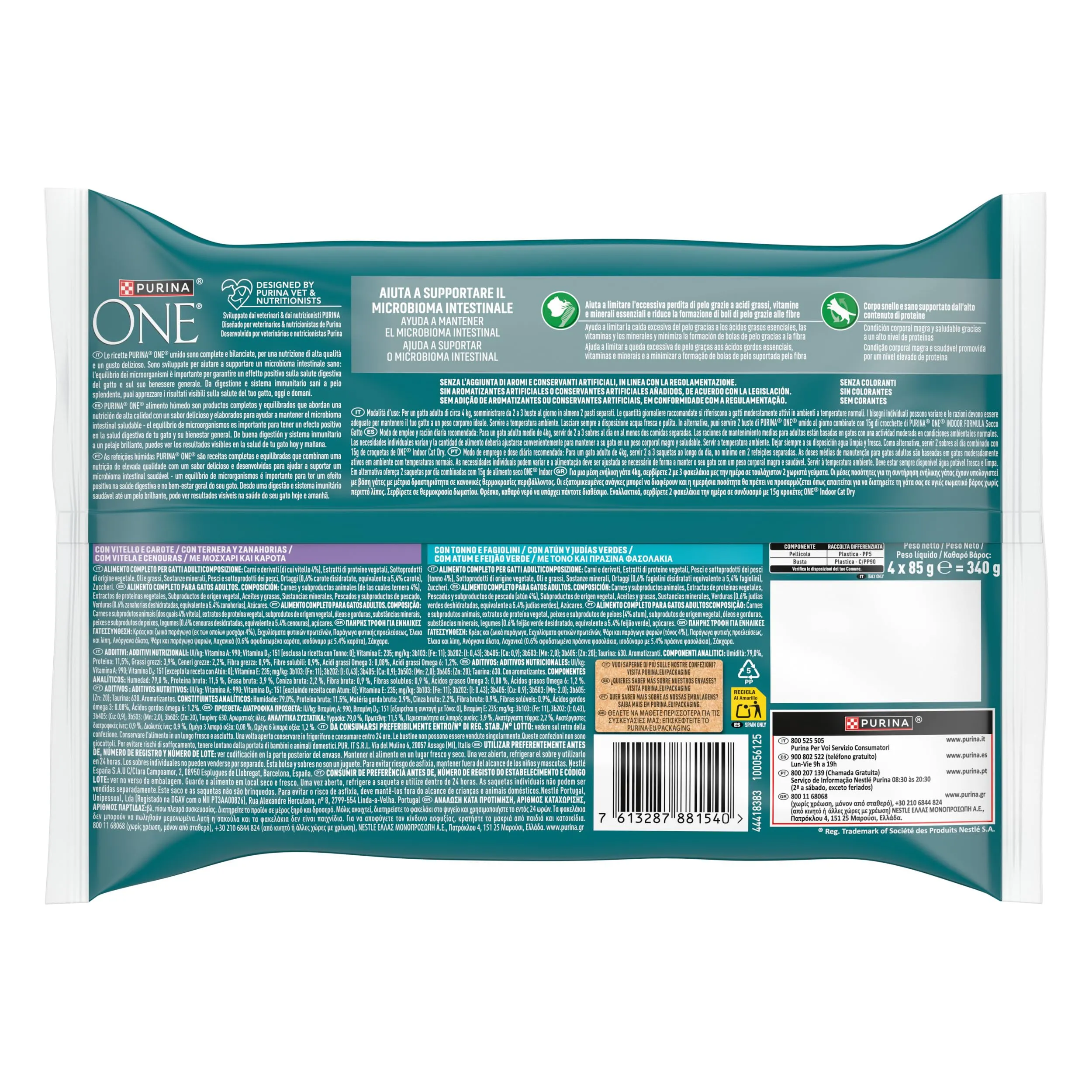 Purina ONE Indoor Formula Cibo Umido per Gatti Adulti Filettini in salsa con Vitello, Tonno e Verdure, 48 Buste da 85g - immagine 5