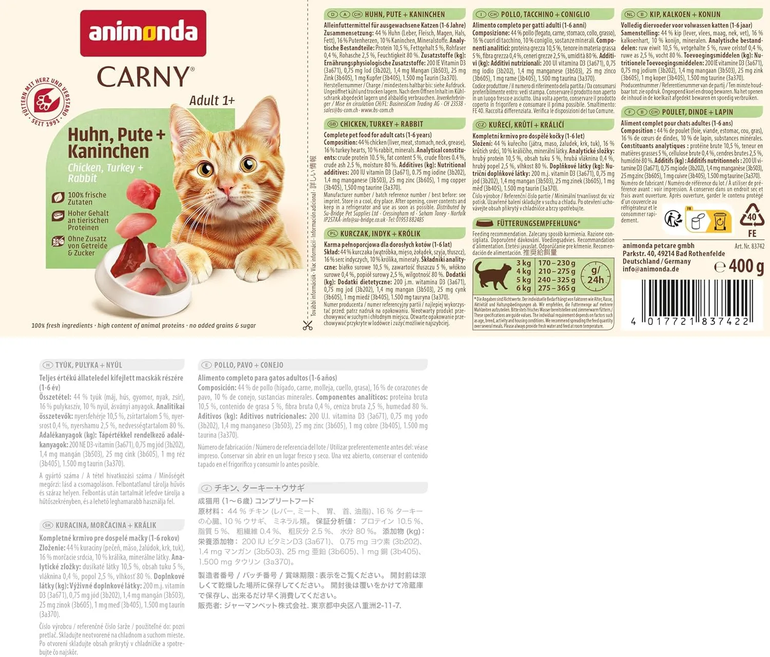 animonda Carny Adult Cibo Umido per Gatti Pollo, Tacchino e Coniglio 6 x 400 g - immagine 4