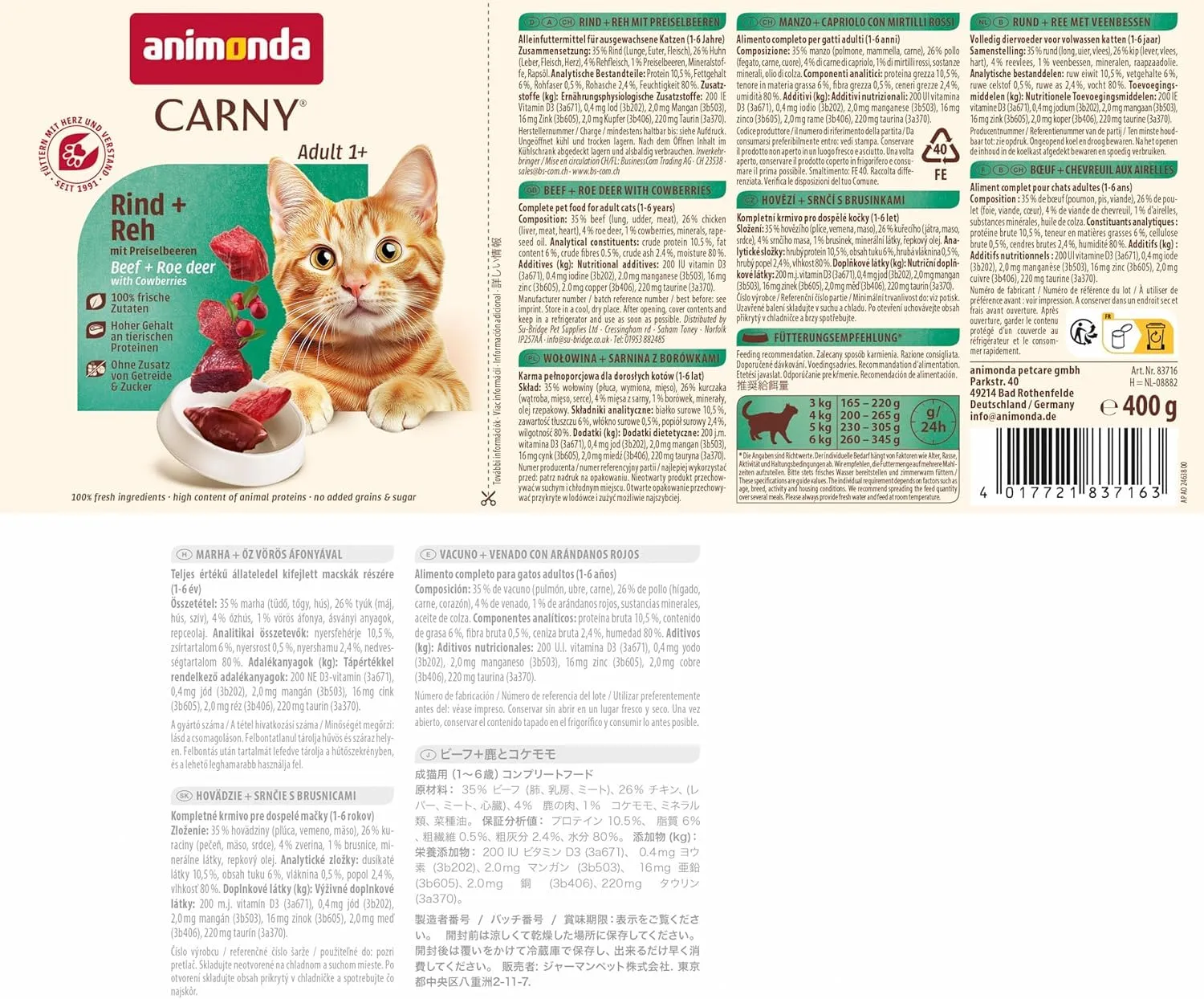 animonda Carny Adult Cibo Umido per Gatti Manzo e Cervo con Mirtilli Rossi 6 x 400 g - immagine 4