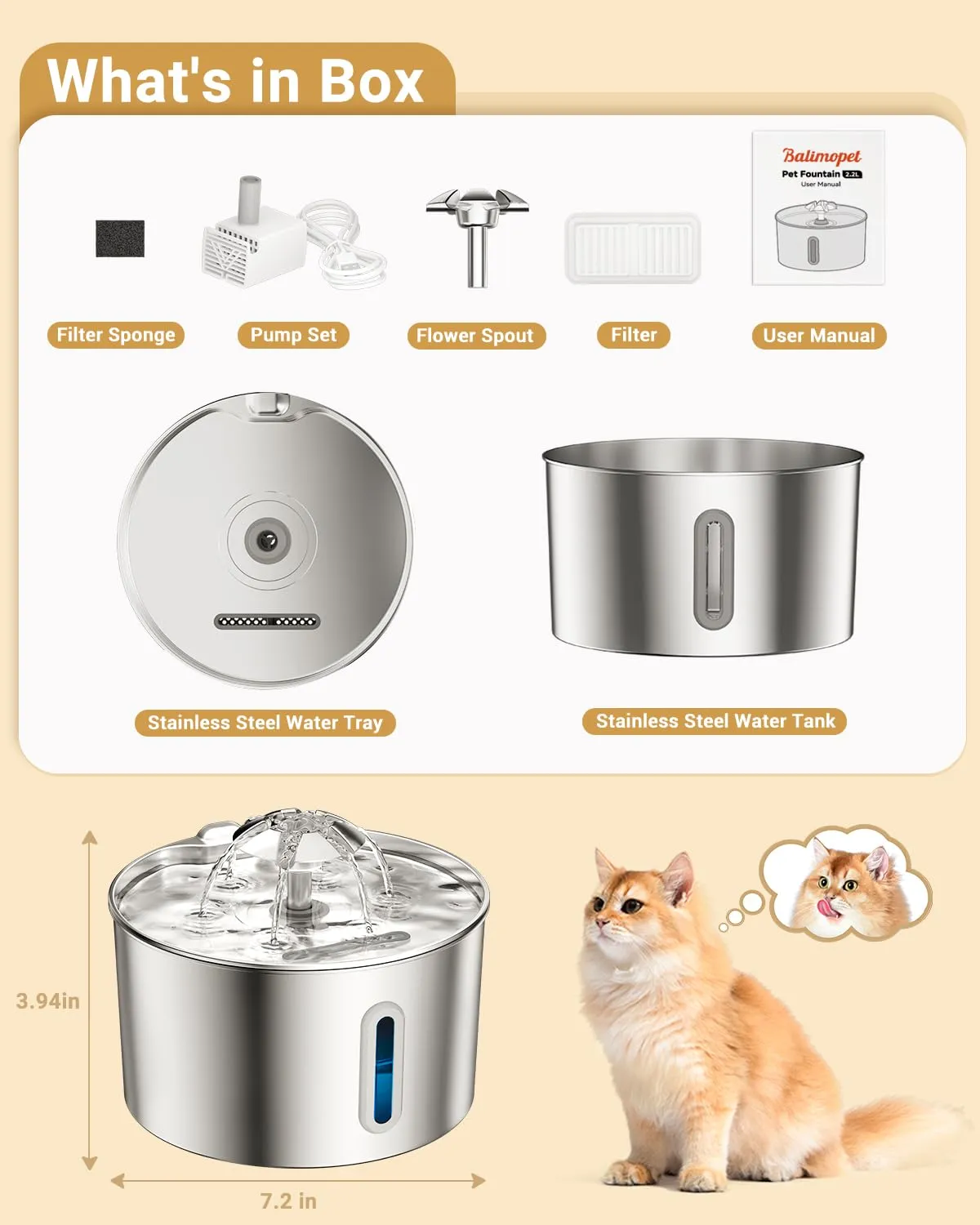 BalimoPet Fontanella per Gatti in Acciaio Inox 2,2L con LED e Sistema di Filtraggio Quadruplo, BP02 - immagine 7