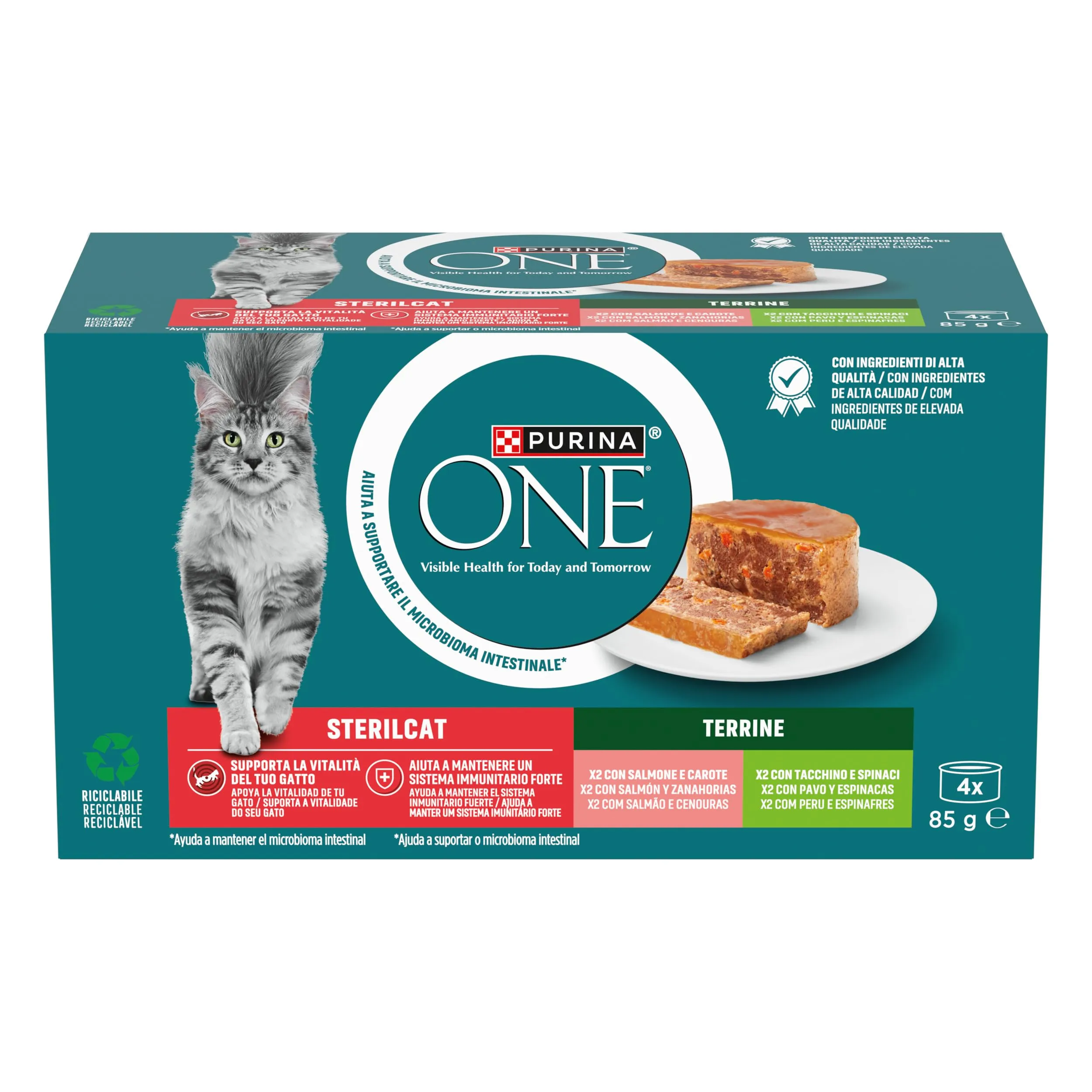 Purina ONE Bifensis Cibo Umido per Gatti Adulti con Tacchino e Spinaci, Salmone e Carote, 48 Lattine da 85g - immagine 2