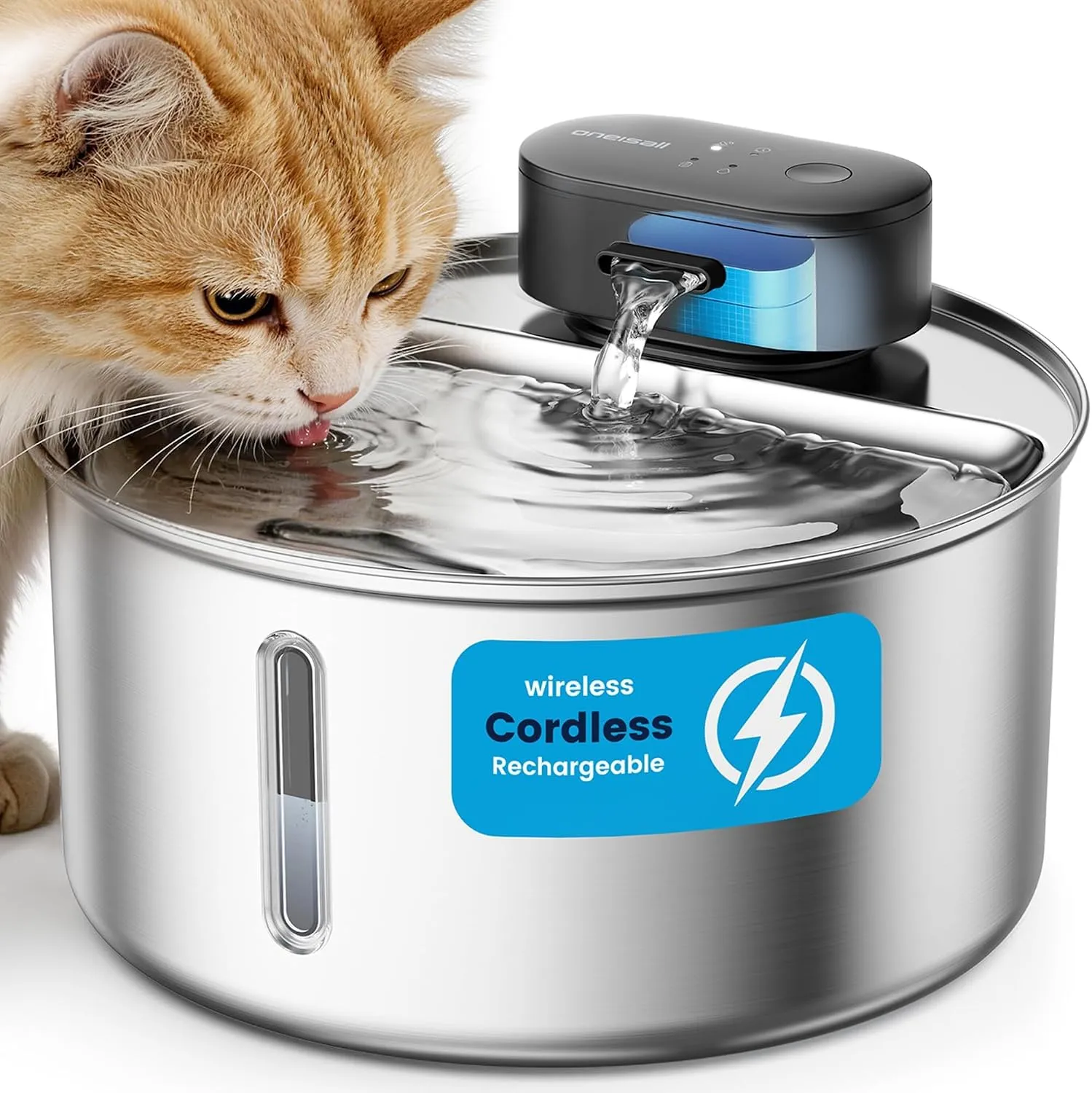 oneisall Fontana per gatti senza fili, 3,2L, acciaio inox PW14SBE - immagine 1