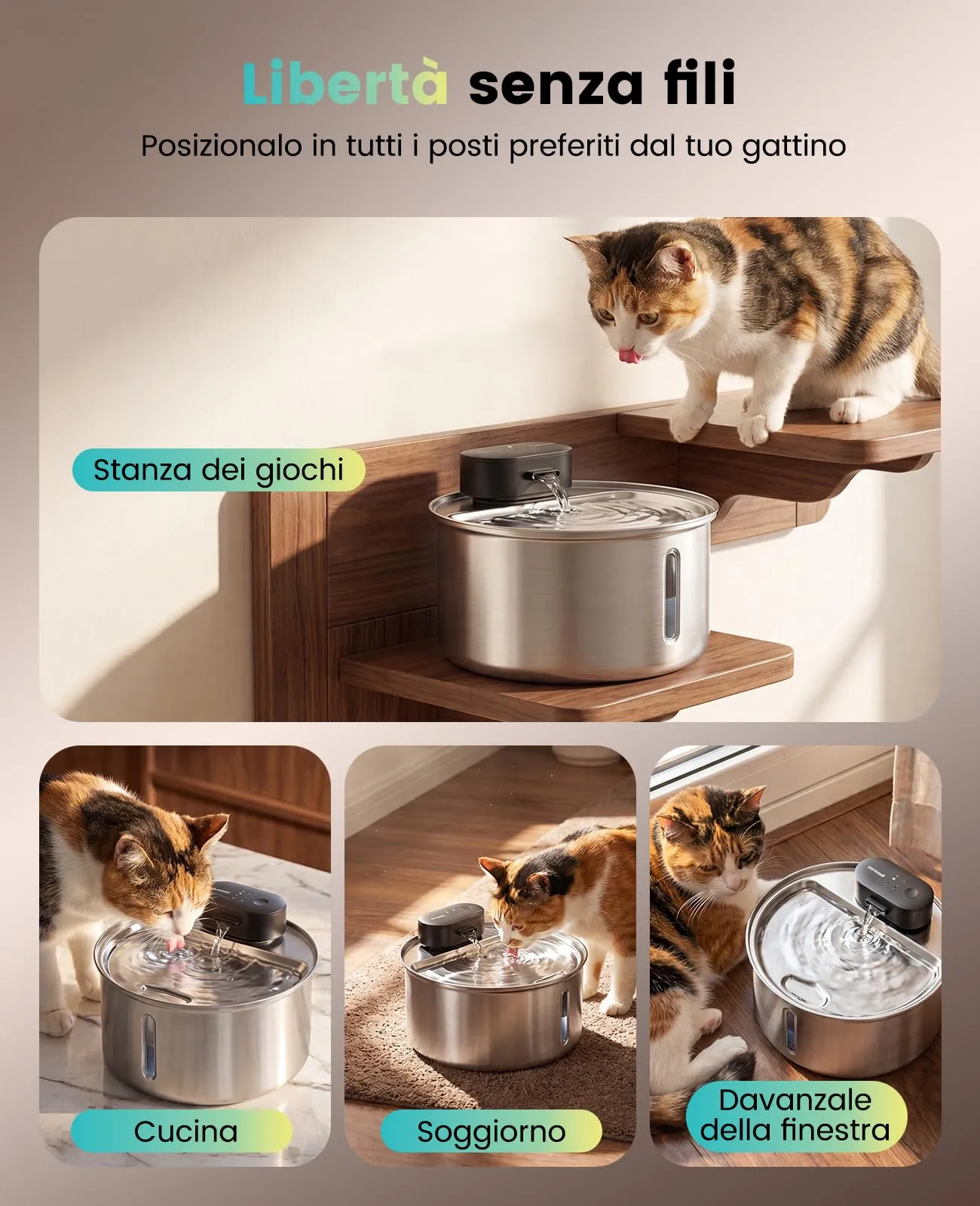oneisall Fontana per gatti senza fili, 3,2L, acciaio inox PW14SBE - immagine 2
