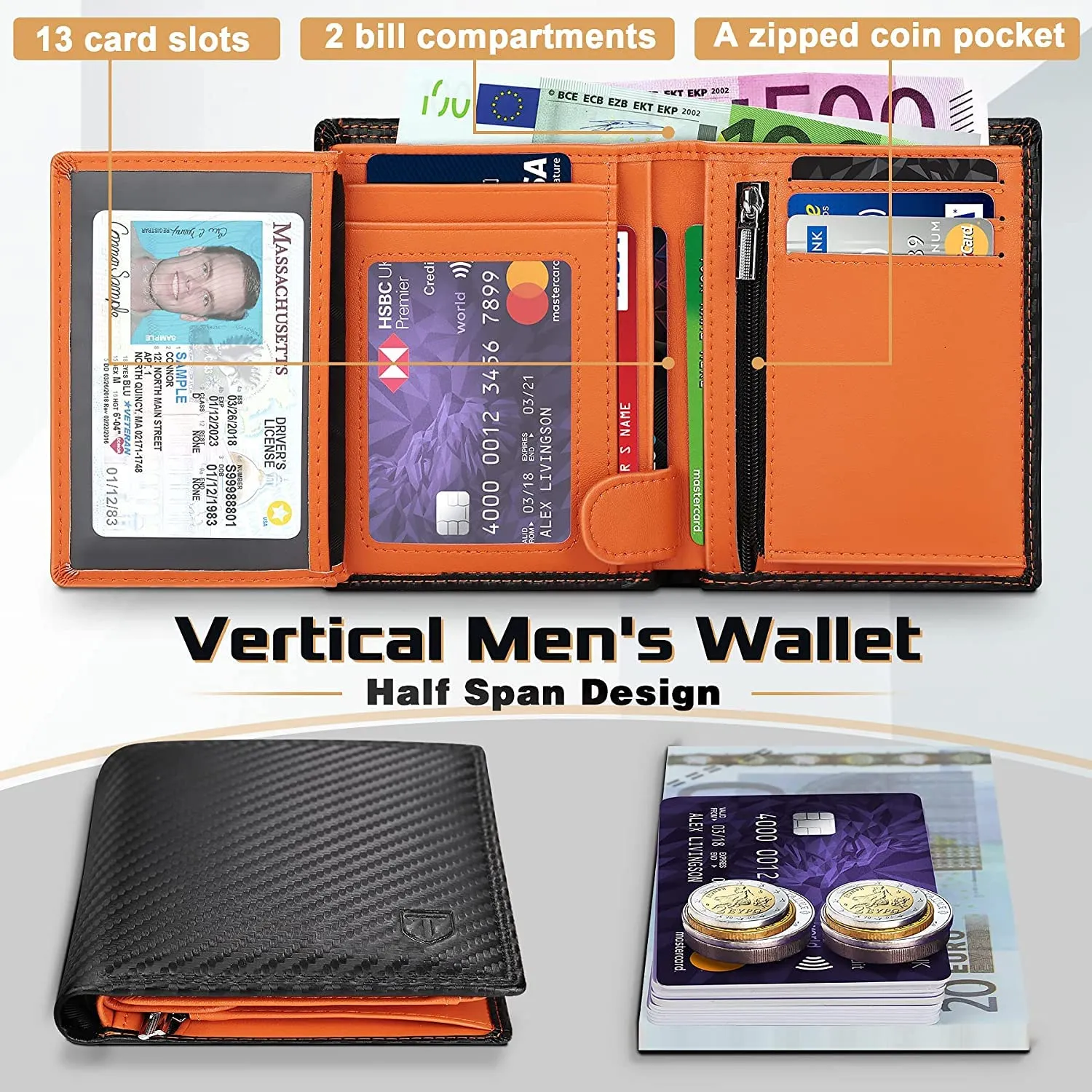 TEEHON Classico Portafoglio Uomo in Vera Pelle con Blocco RFID/NFC, 13 Porta Carta di Credito e Tasca per Monete - Nero - immagine 3