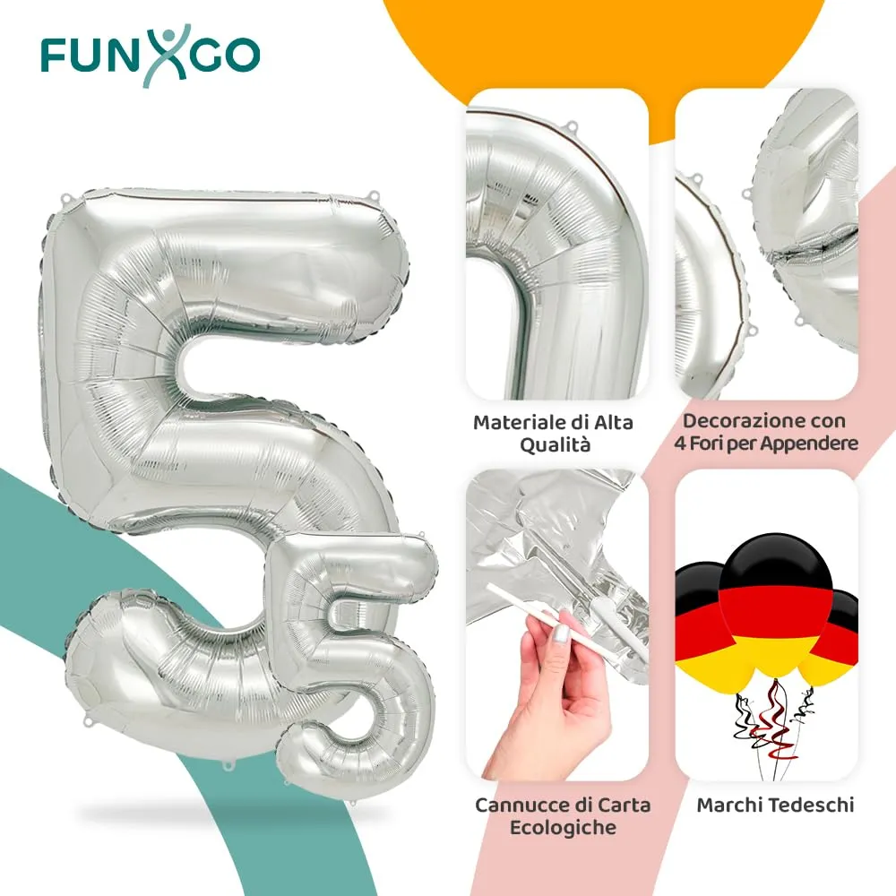 FUNXGO Palloncino Numero 5 Argento - immagine 3