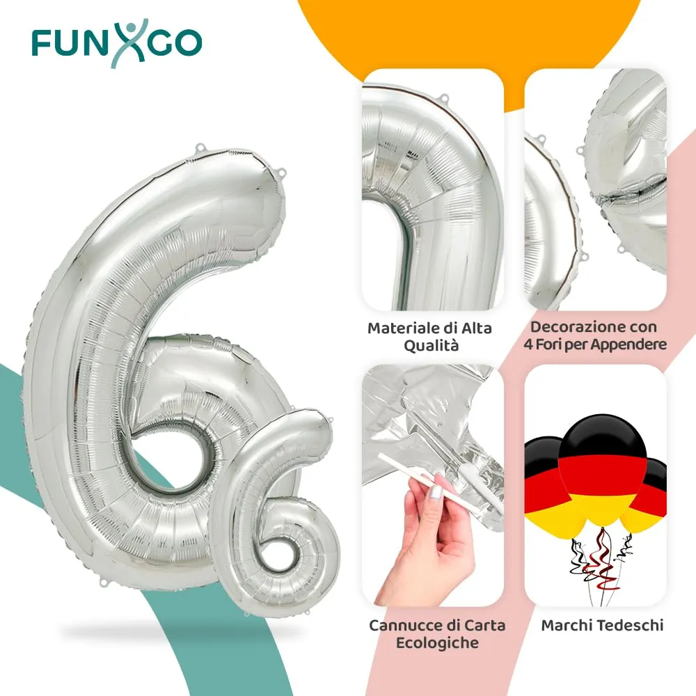 FUNXGO Palloncino Numero 6 Argento - immagine 3