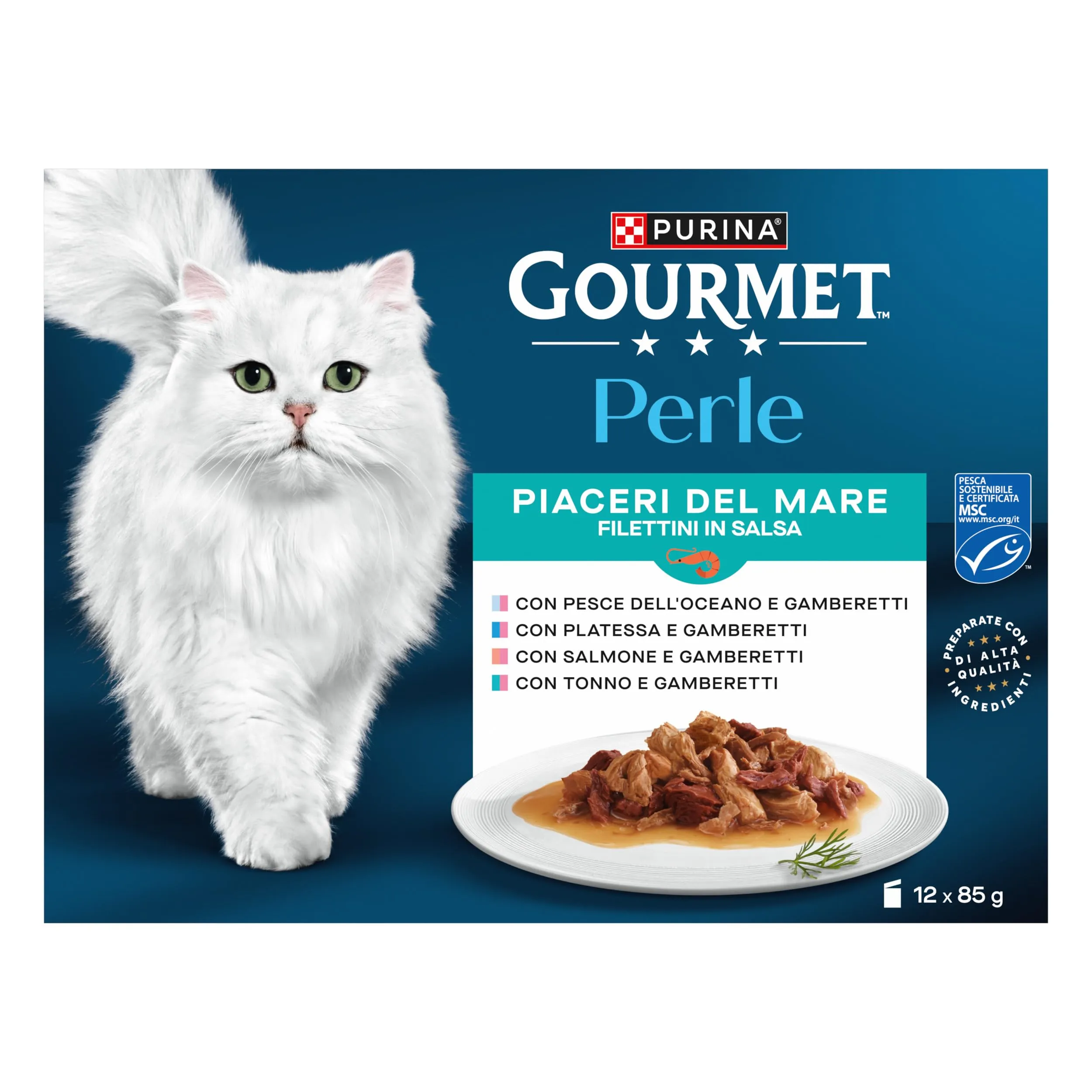 Gourmet Perle Umido Gatto Filettini in Salsa con Pesce dell'Oceano, Platessa, Salmone, Tonno con Gamberetti - 72 Buste da 85 g - immagine 2