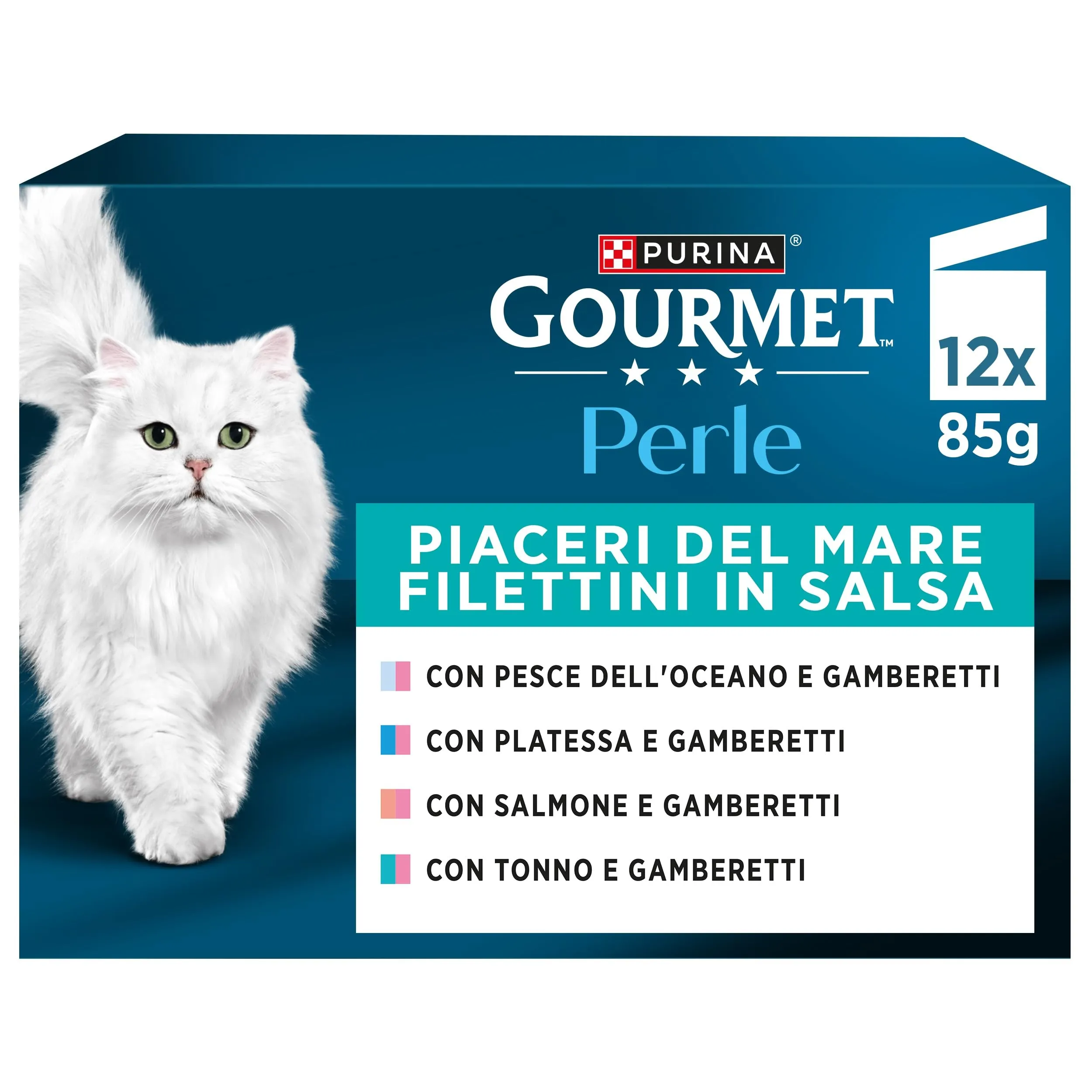 Gourmet Perle Umido Gatto Filettini in Salsa con Pesce dell'Oceano, Platessa, Salmone, Tonno con Gamberetti - 72 Buste da 85 g - immagine 3