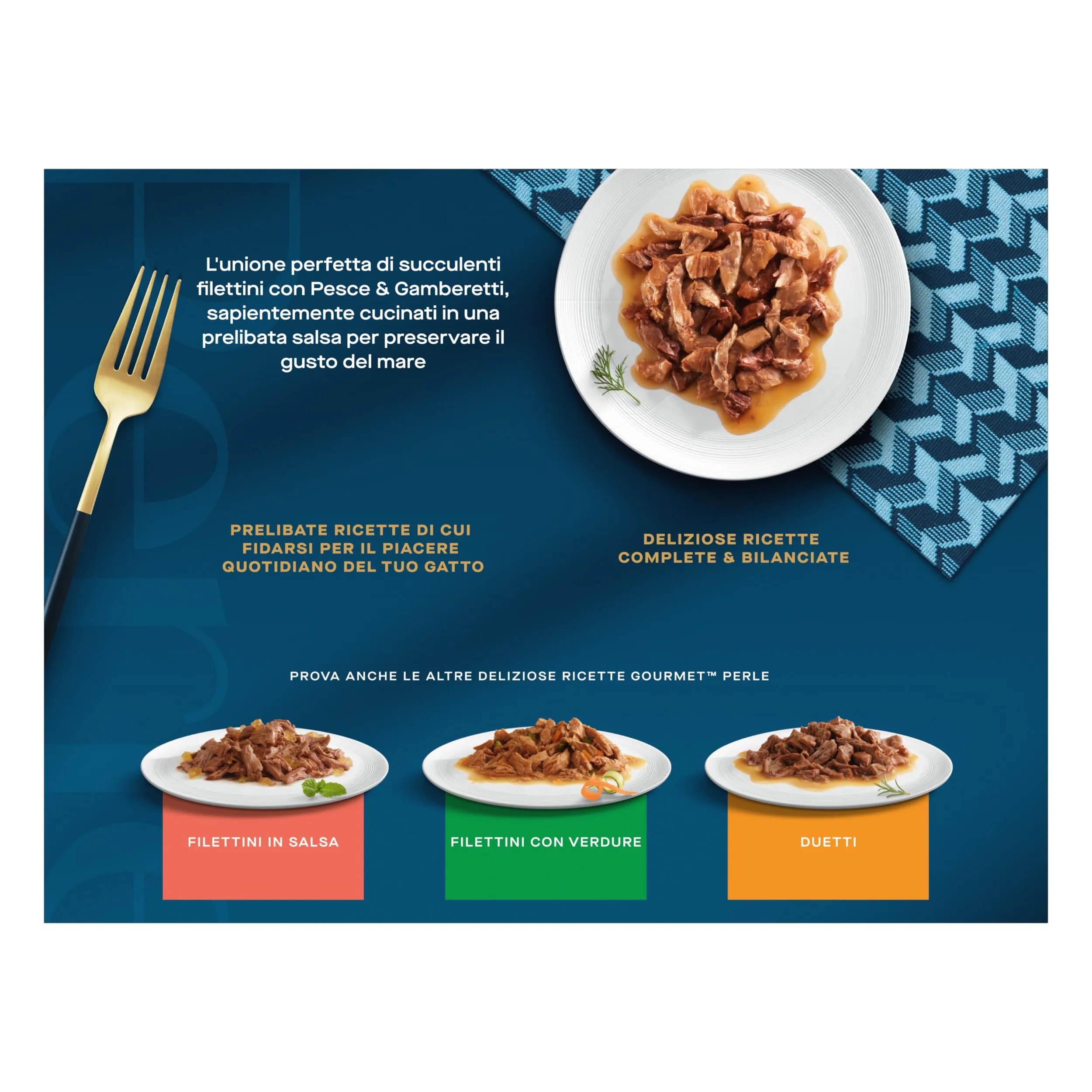 Gourmet Perle Umido Gatto Filettini in Salsa con Pesce dell'Oceano, Platessa, Salmone, Tonno con Gamberetti - 72 Buste da 85 g - immagine 5