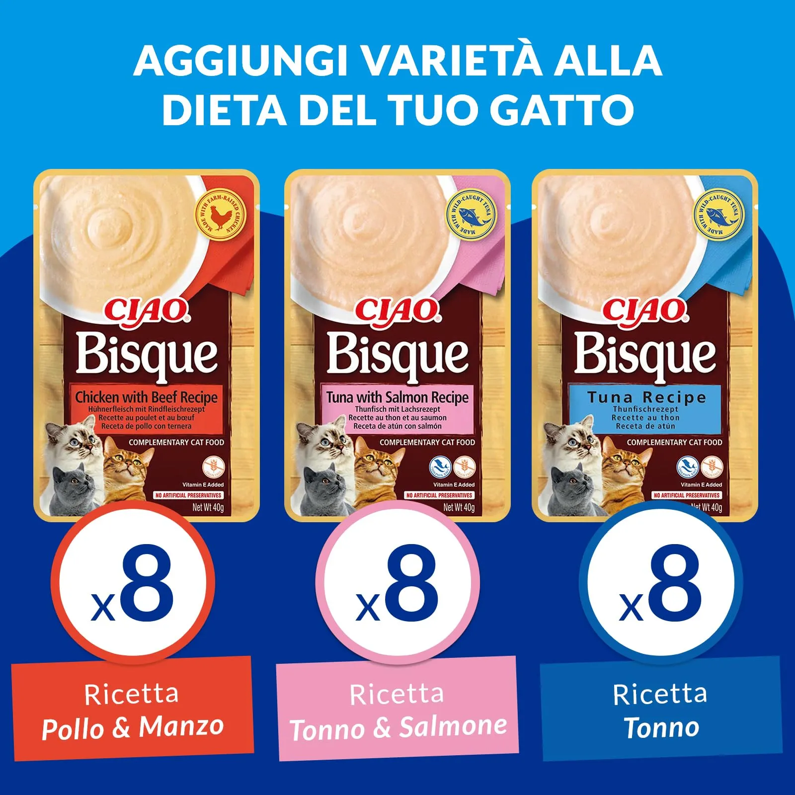 Inaba Ciao Bisque Multipack Pollo, Tonno, Manzo e Salmone, 960g - immagine 3