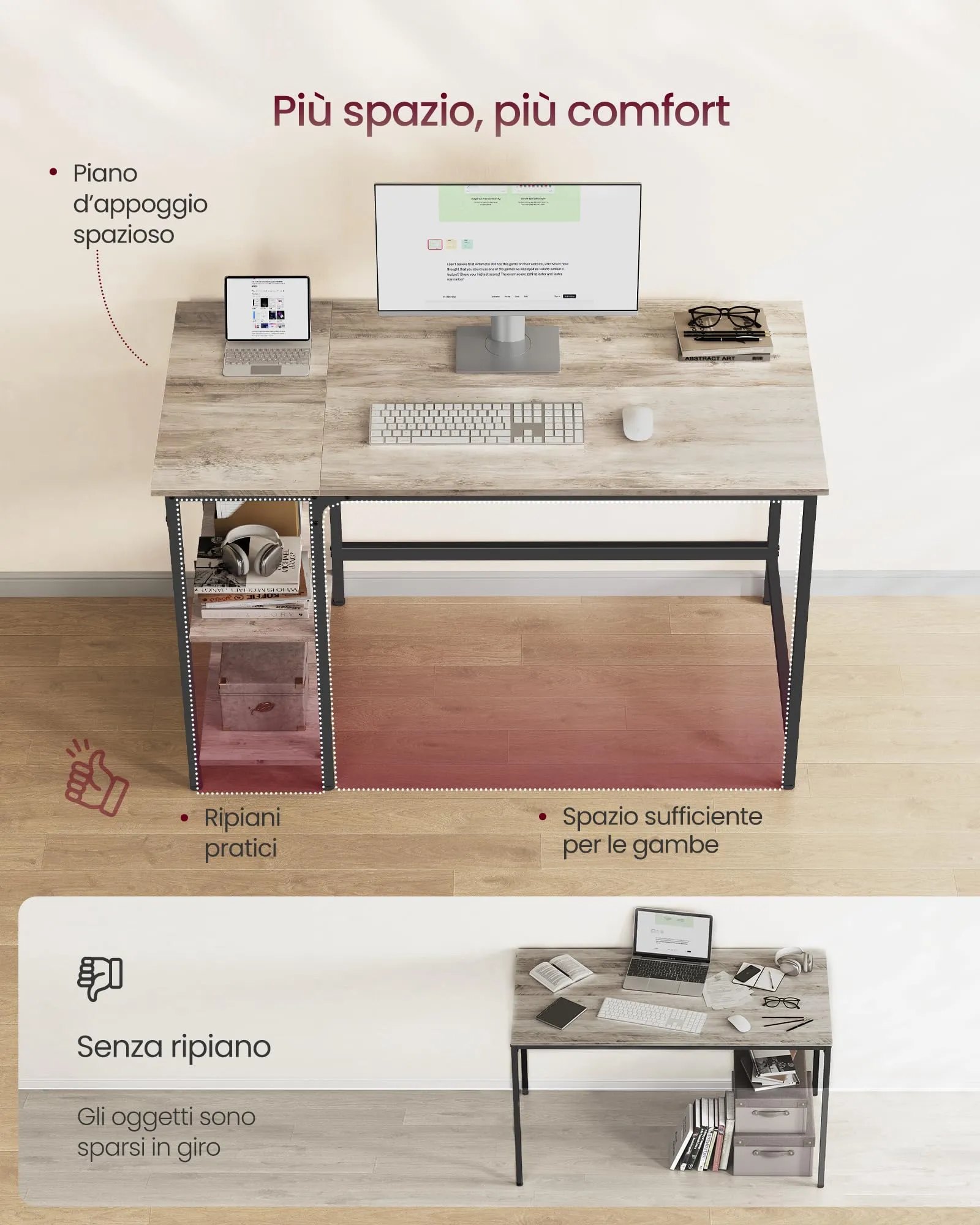 VASAGLE Scrivania per Computer, 120 x 60 x 76 cm, Greige Melange e Nero Inchiostro, LWD47MB - immagine 3