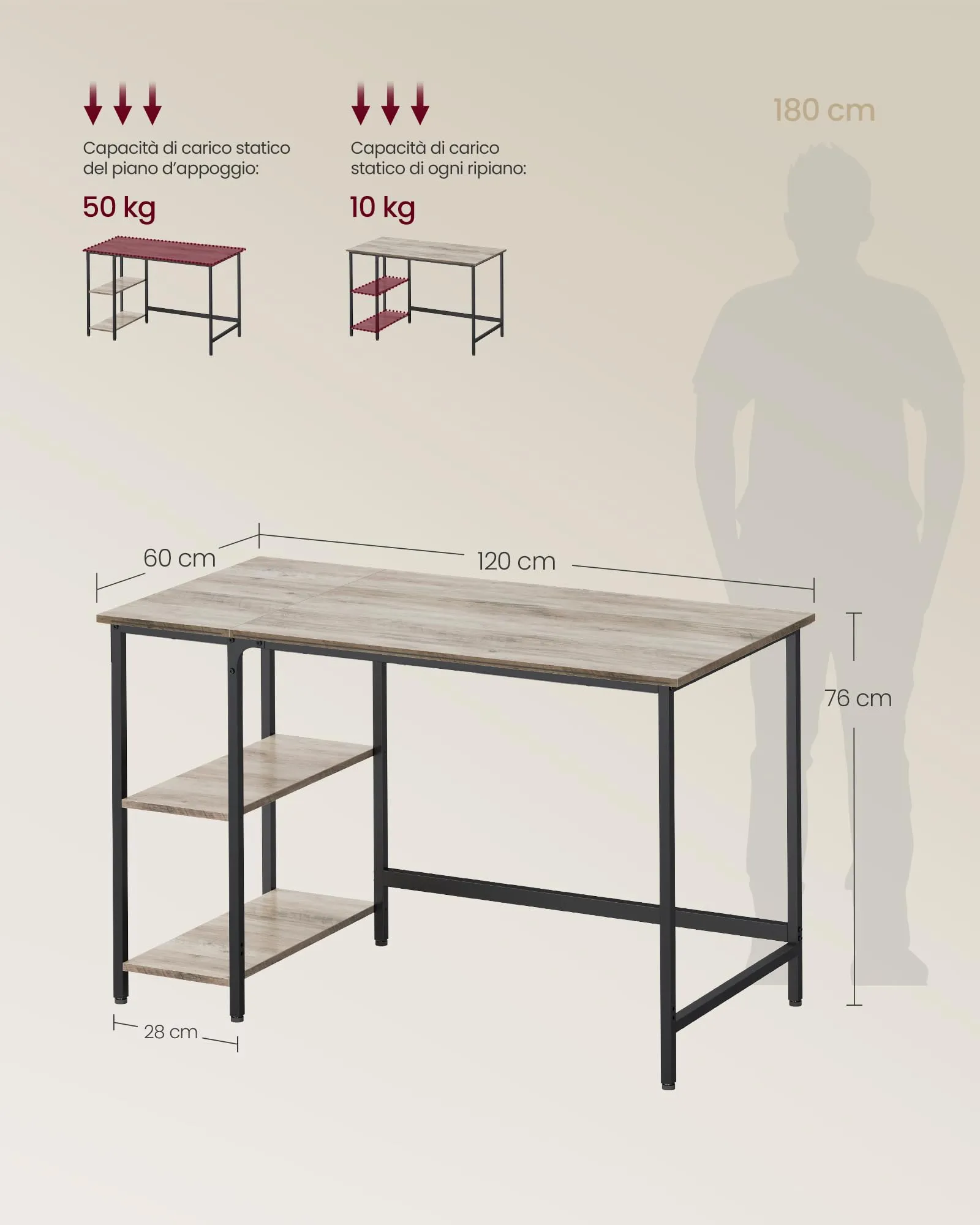 VASAGLE Scrivania per Computer, 120 x 60 x 76 cm, Greige Melange e Nero Inchiostro, LWD47MB - immagine 6