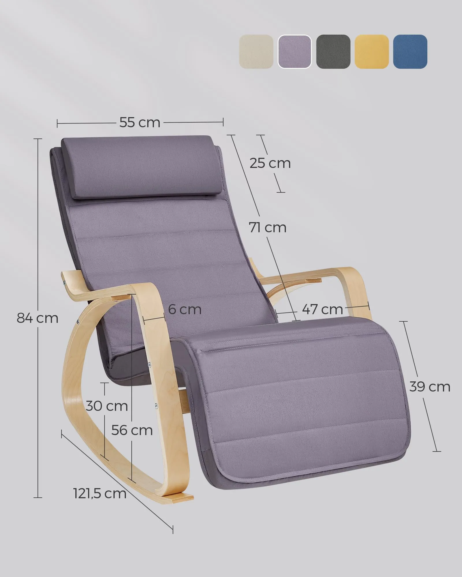 SONGMICS Sedia a Dondolo in Betulla con Braccioli e Poggiapiedi Regolabile a 5 Altezze, Grigio Chiaro e Naturale LYY010G01 - immagine 3