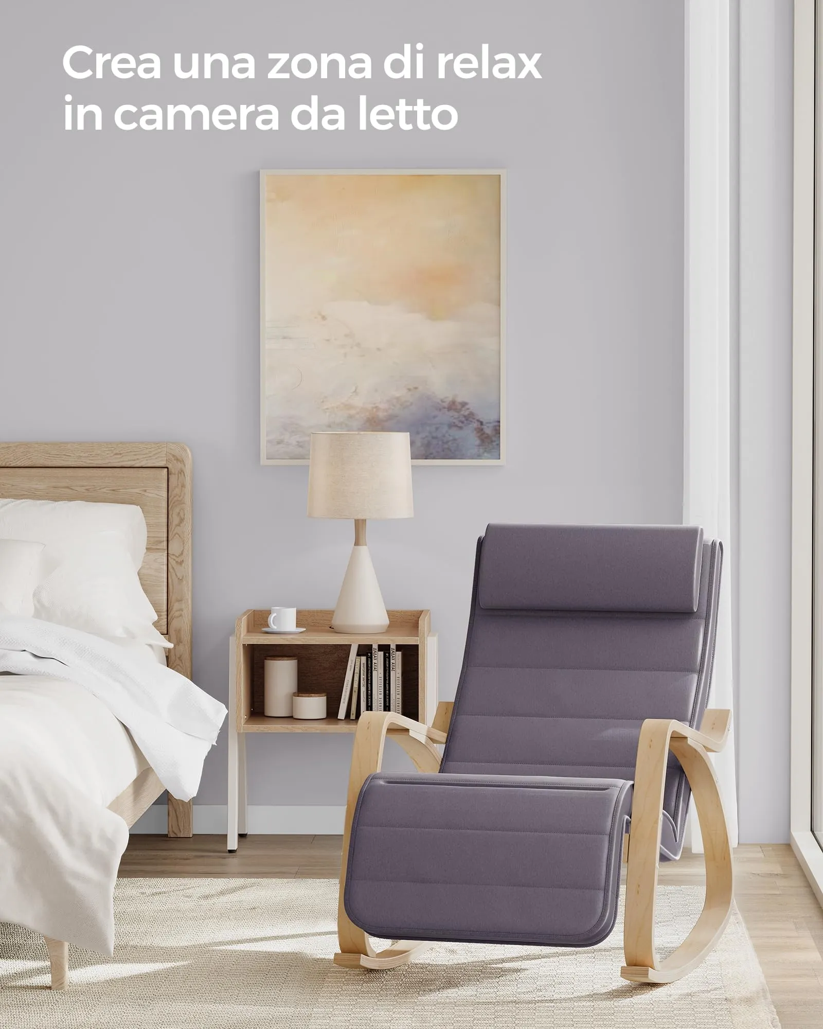 SONGMICS Sedia a Dondolo in Betulla con Braccioli e Poggiapiedi Regolabile a 5 Altezze, Grigio Chiaro e Naturale LYY010G01 - immagine 4