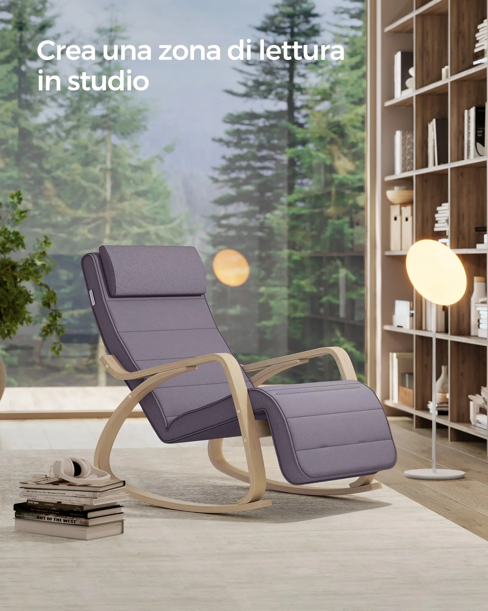 SONGMICS Sedia a Dondolo in Betulla con Braccioli e Poggiapiedi Regolabile a 5 Altezze, Grigio Chiaro e Naturale LYY010G01 - immagine 5