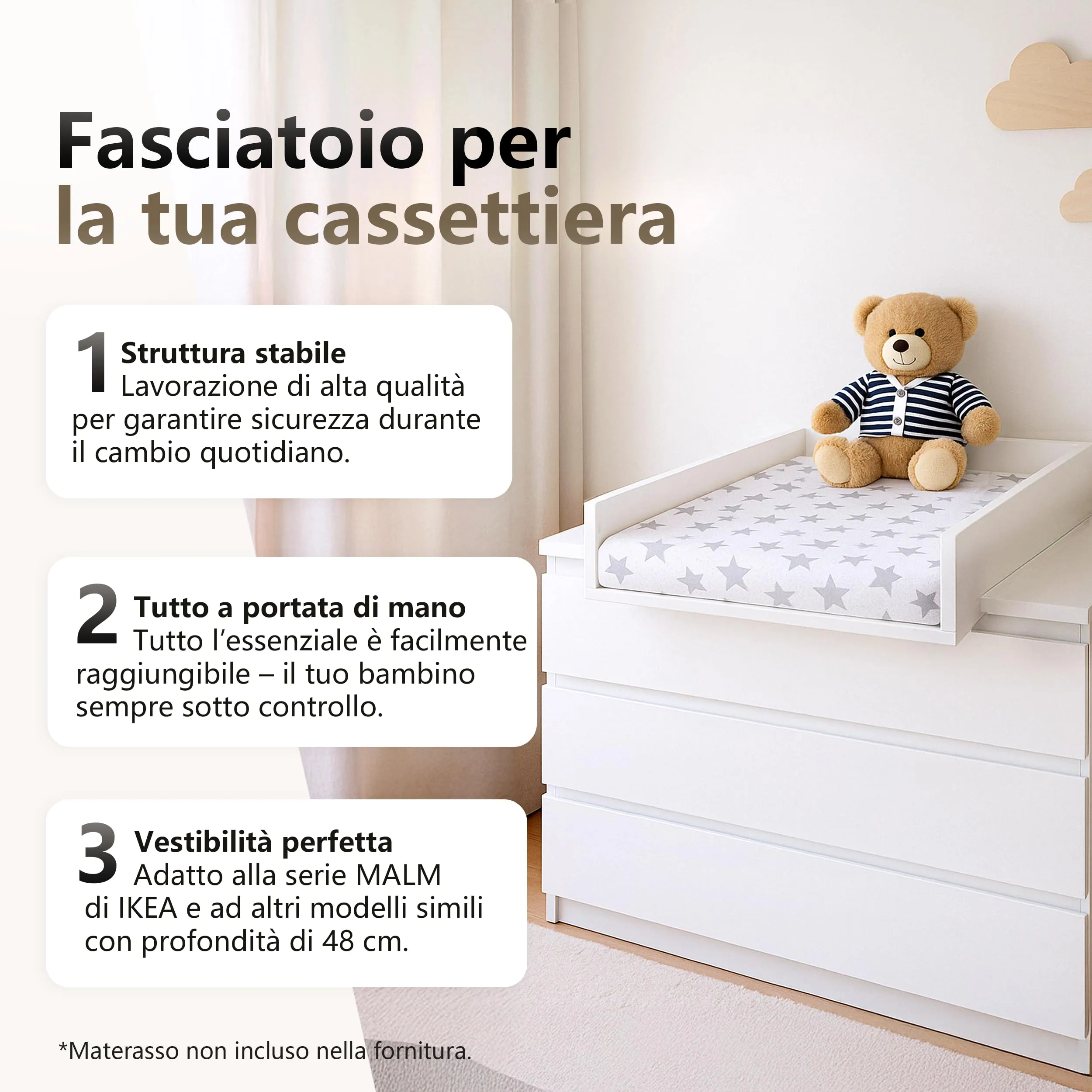 regalik Fasciatoio per IKEA Malm, Cassettiera 48 cm, Compensato Bianco - immagine 3