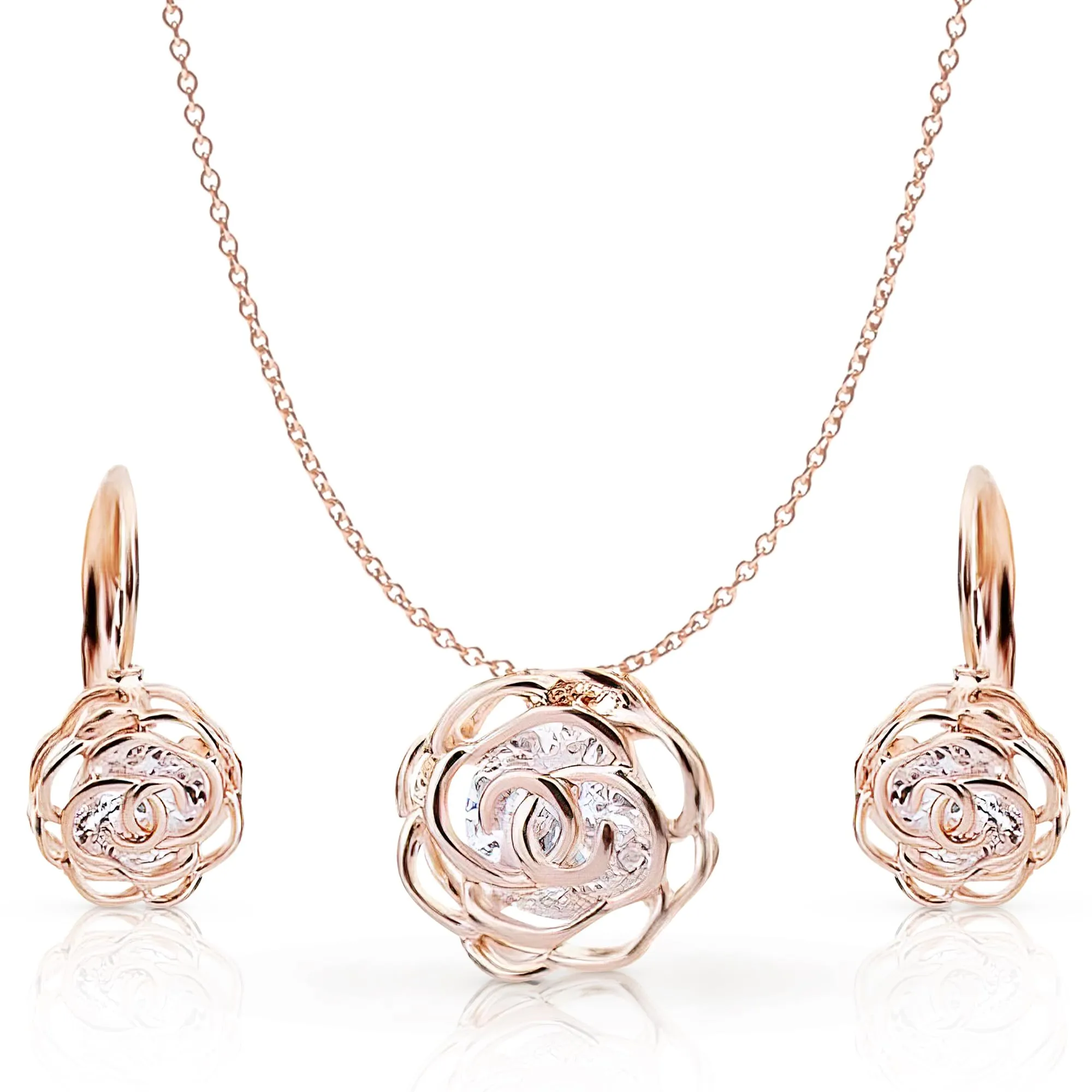 Crystalline Azuria Donna Parure Collana con Ciondolo 45 cm e Orecchini Monachella Fiori Rose Cristalli 18ct Placcato Oro Rosa - immagine 1