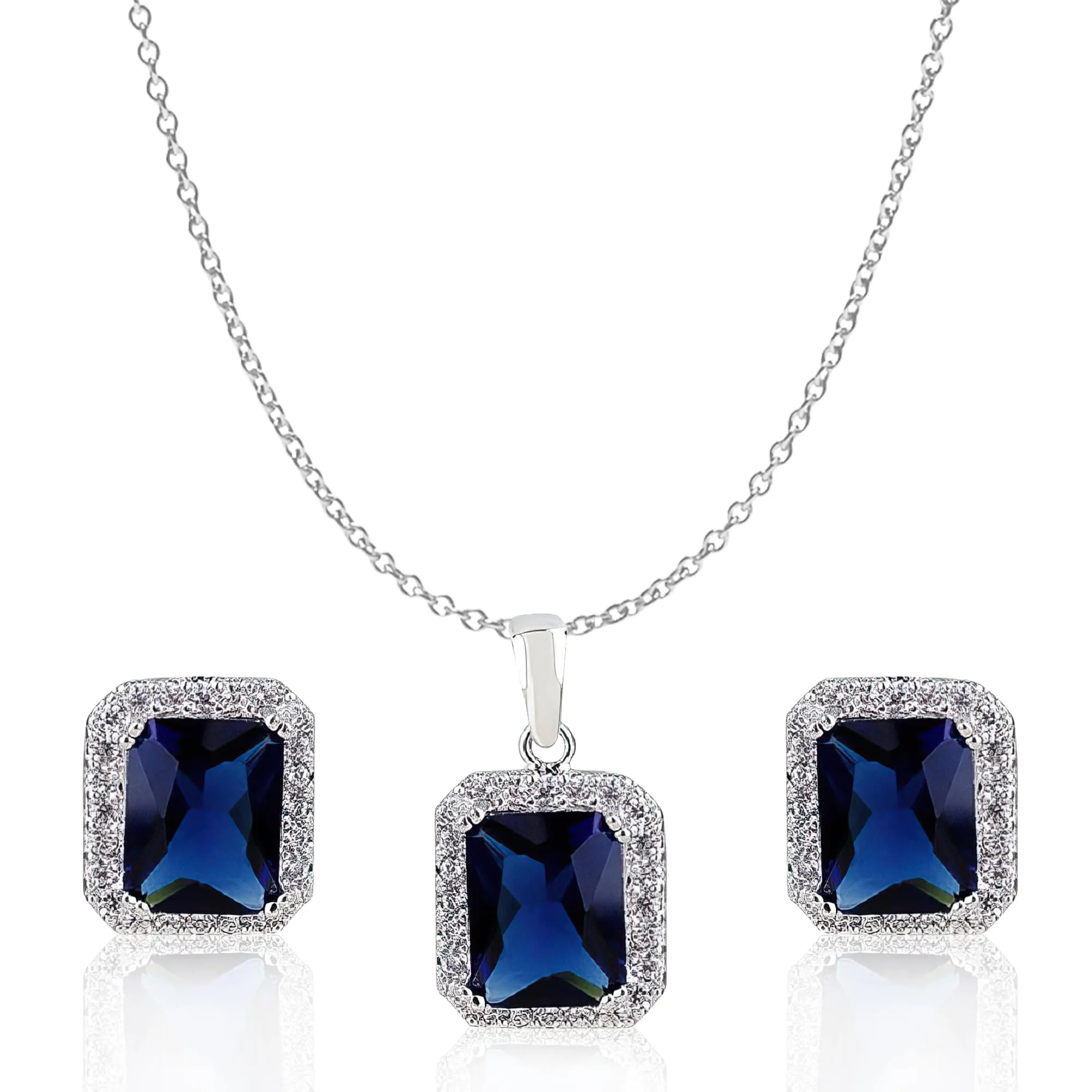 Crystalline Azuria Donna Parure 18ct Placcato Oro Bianco con Zaffiro Simulato Blu e Cristalli di Zirconi, Collana con Ciondolo 45 cm e Orecchini a Lobo - immagine 1